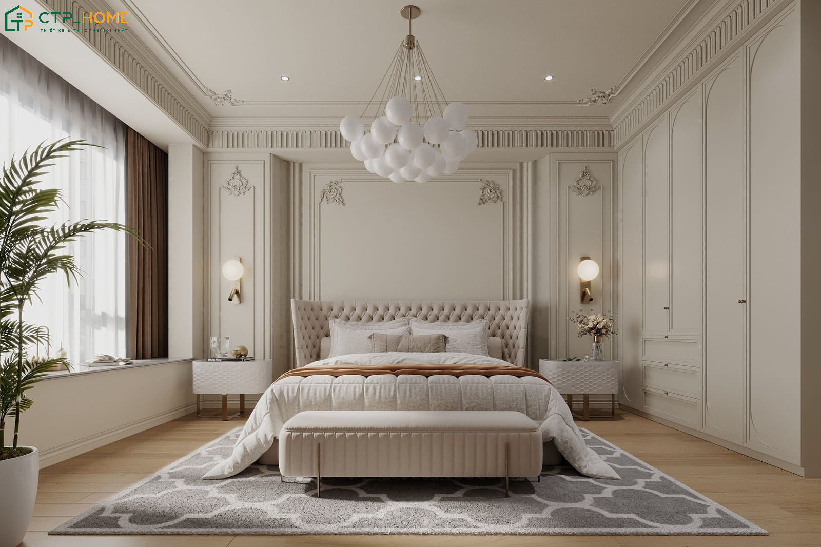 Mẫu phòng ngủ 30m2 theo phong cách tân cổ điển với họa tiết hoa văn độc đáo