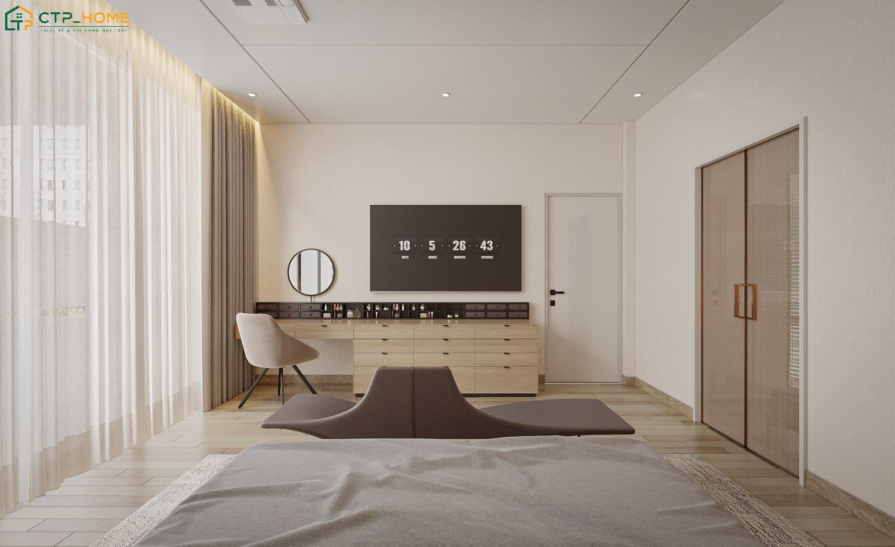 Bố trí bàn trang điểm kết hợp kệ lưu trữ thông minh giúp đảm bảo sự gọn gàng cho không gian