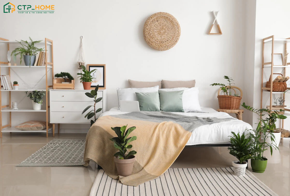 Decor phòng ngủ nhỏ đơn giản với cây xanh giúp tạo cảm giác thư giãn và góp phần cải thiện chất lượng giấc ngủ