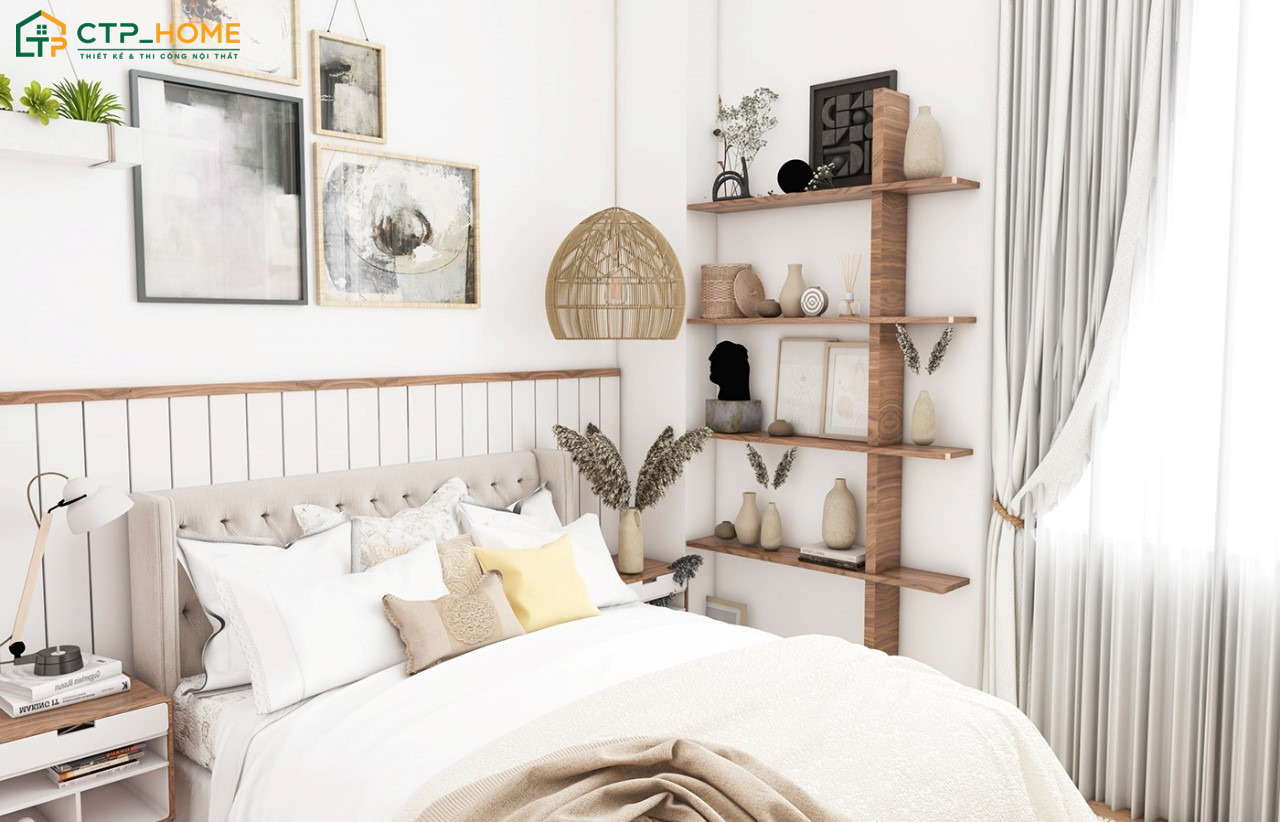 Góc đầu giường được trang trí bằng những phụ kiện decor nhỏ xinh giúp tạo điểm nhấn cho phòng ngủ nhỏ