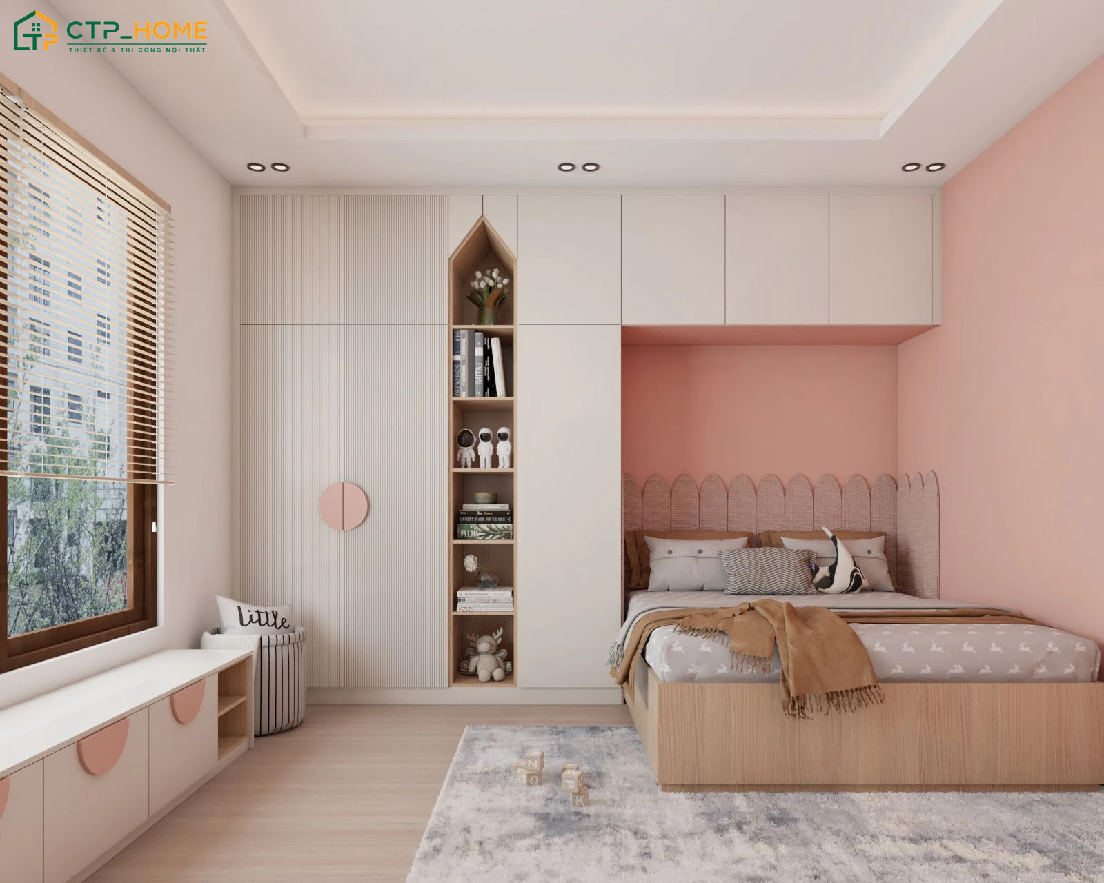 Sử dụng thảm trải sàn hoạ tiết tối giản sẽ không gây rối mắt nhưng vẫn đảm bảo tính thẩm mỹ
