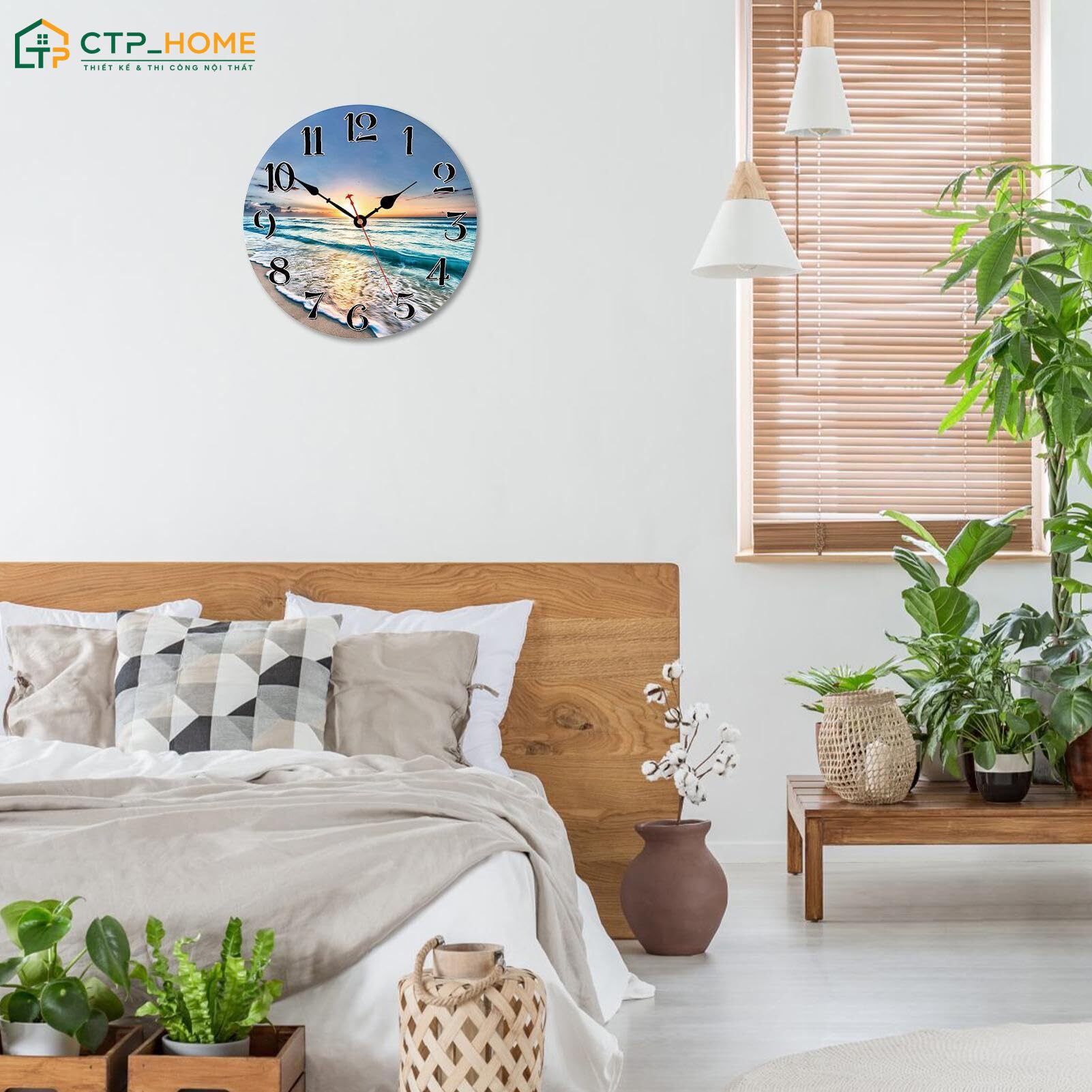 Mẫu decor phòng ngủ nhỏ đơn giản với đồng hồ treo tường họa tiết độc đáo giúp tạo điểm nhấn nổi bật