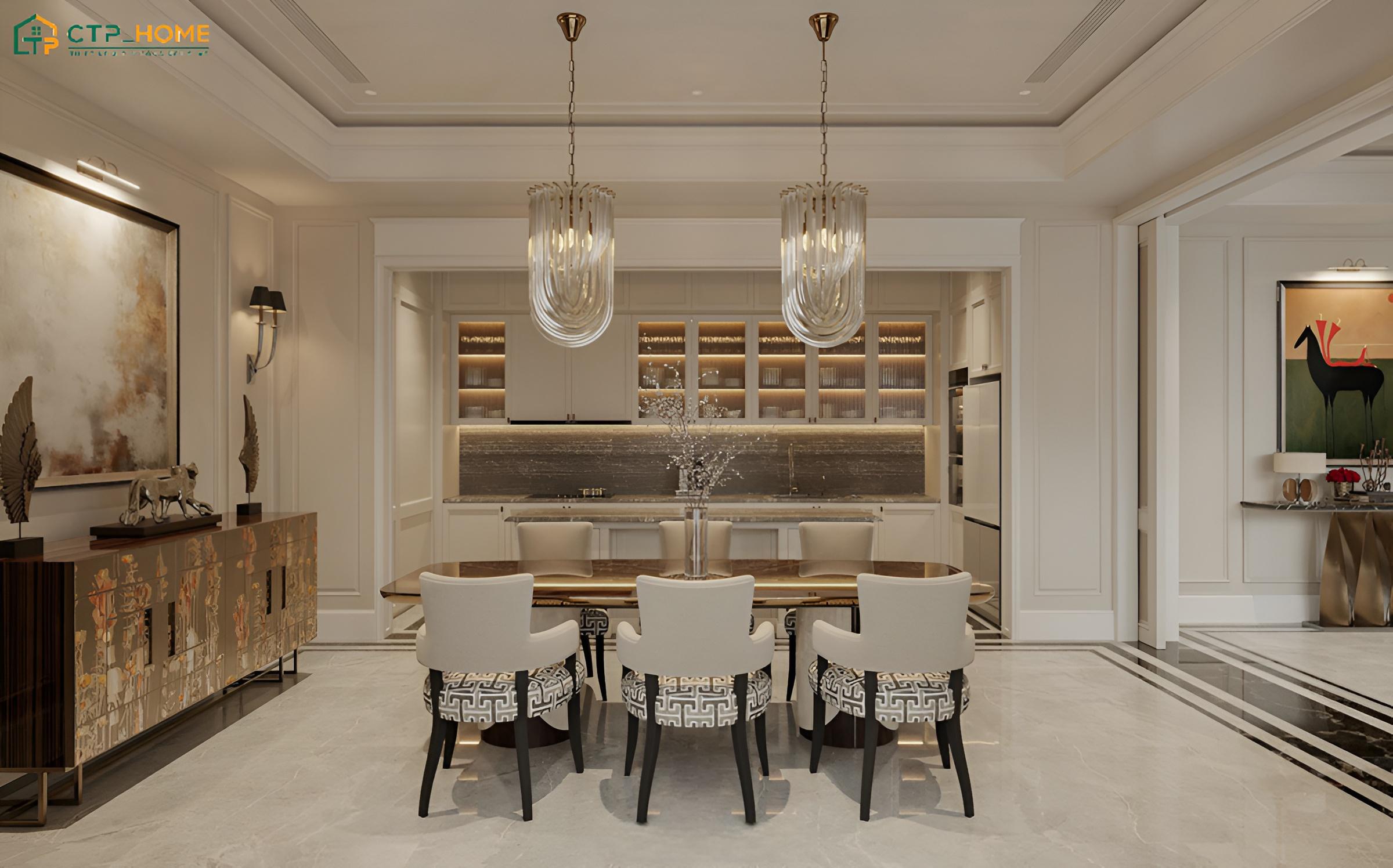 Mẫu phòng bếp đẳng cấp dành cho biệt thự tân cổ điển với đảo bếp lớn được bố trí ở trung tâm
