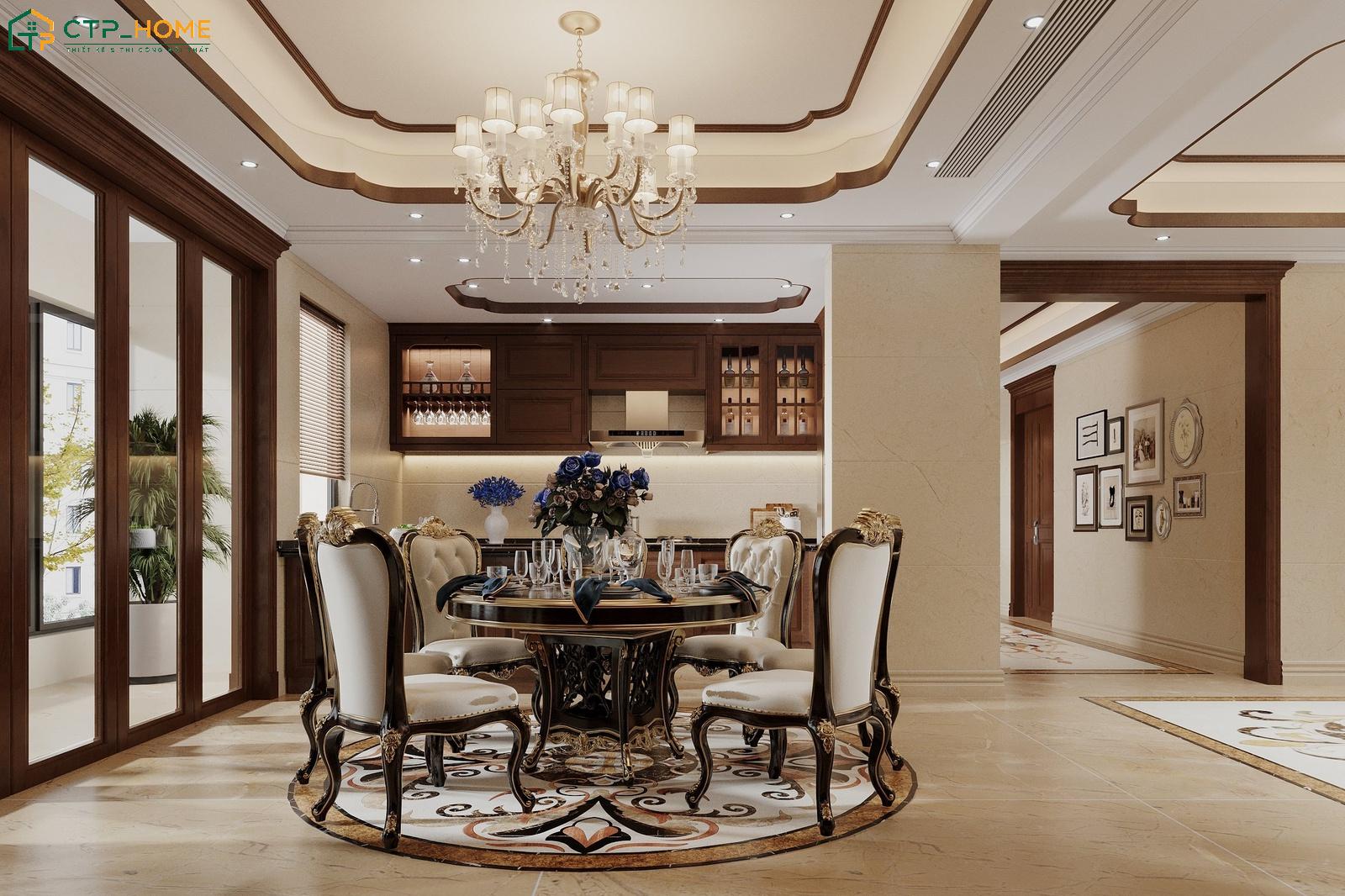 Hệ tủ bếp gỗ tự nhiên với các đường nét tinh xảo giúp tạo nên vẻ đẹp lộng lẫy cho không gian