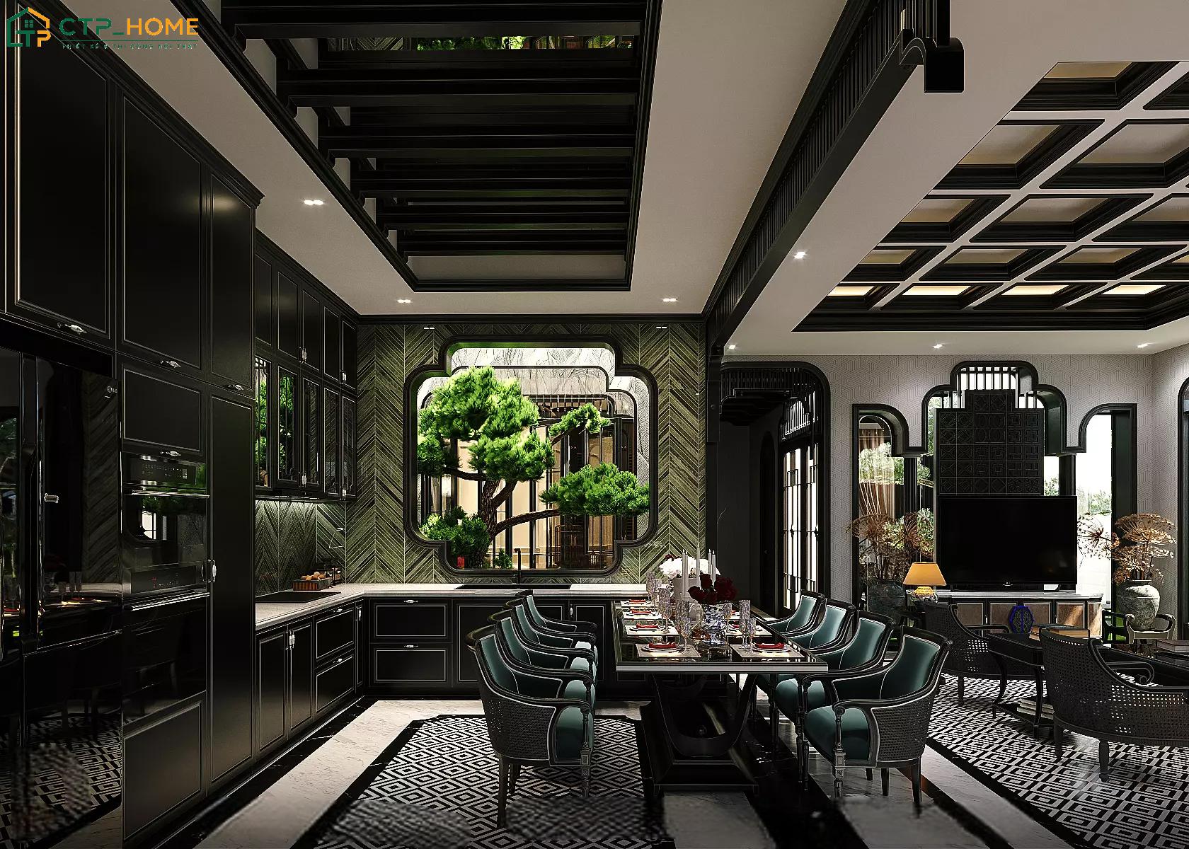 Mẫu phòng bếp biệt thự Indochine sẽ sử dụng gạch bông họa tiết kết hợp với nội thất gỗ tự nhiên