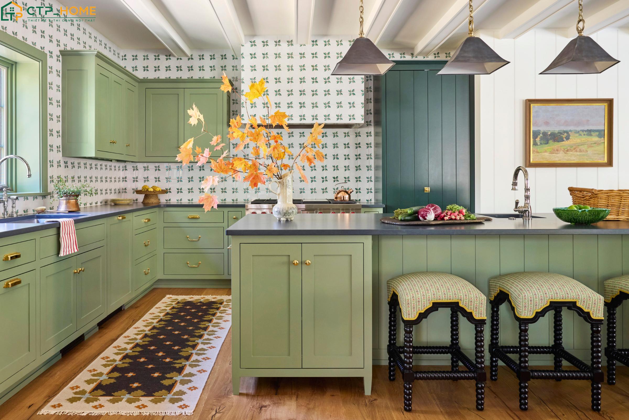 Mẫu phòng bếp biệt thự phong cách Vintage với tone màu xanh Pastel đầy thơ mộng