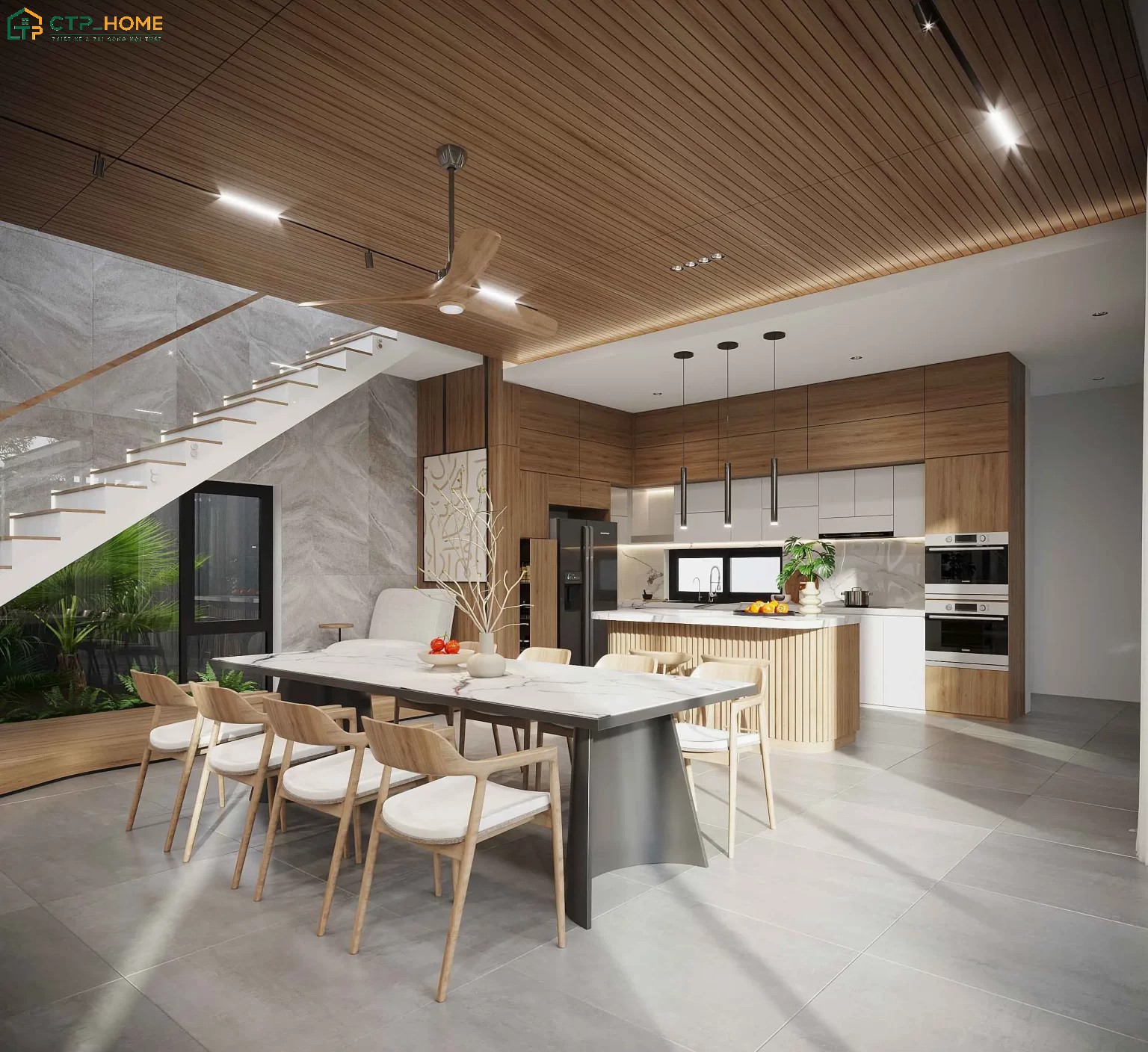 Mẫu phòng bếp biệt thự hiện đại được thiết kế theo hướng mở liên thông với phòng ăn