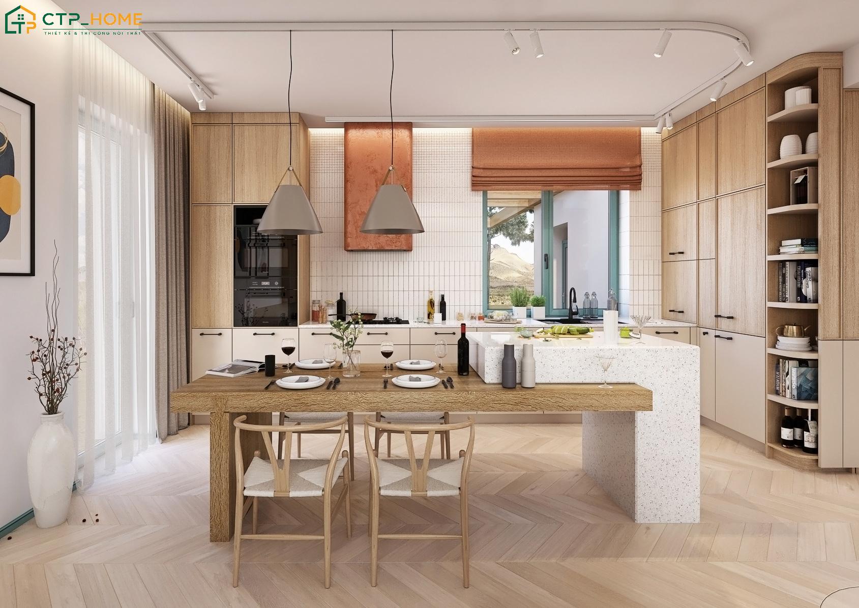Mẫu phòng bếp biệt thự phong cách Bắc Âu với tông màu trắng kết hợp nội thất gỗ sáng màu