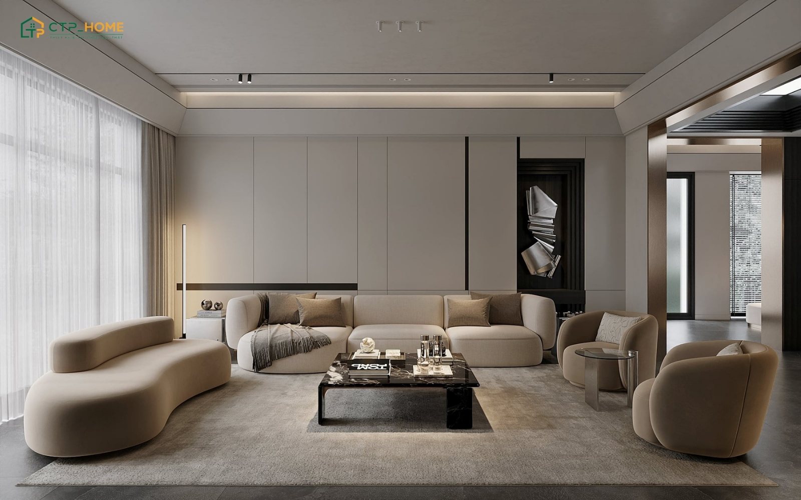 Mẫu thiết kế phòng khách biệt thự phong cách tối giản sẽ ưu tiên sự tinh gọn và hạn chế các chi tiết rườm rà
