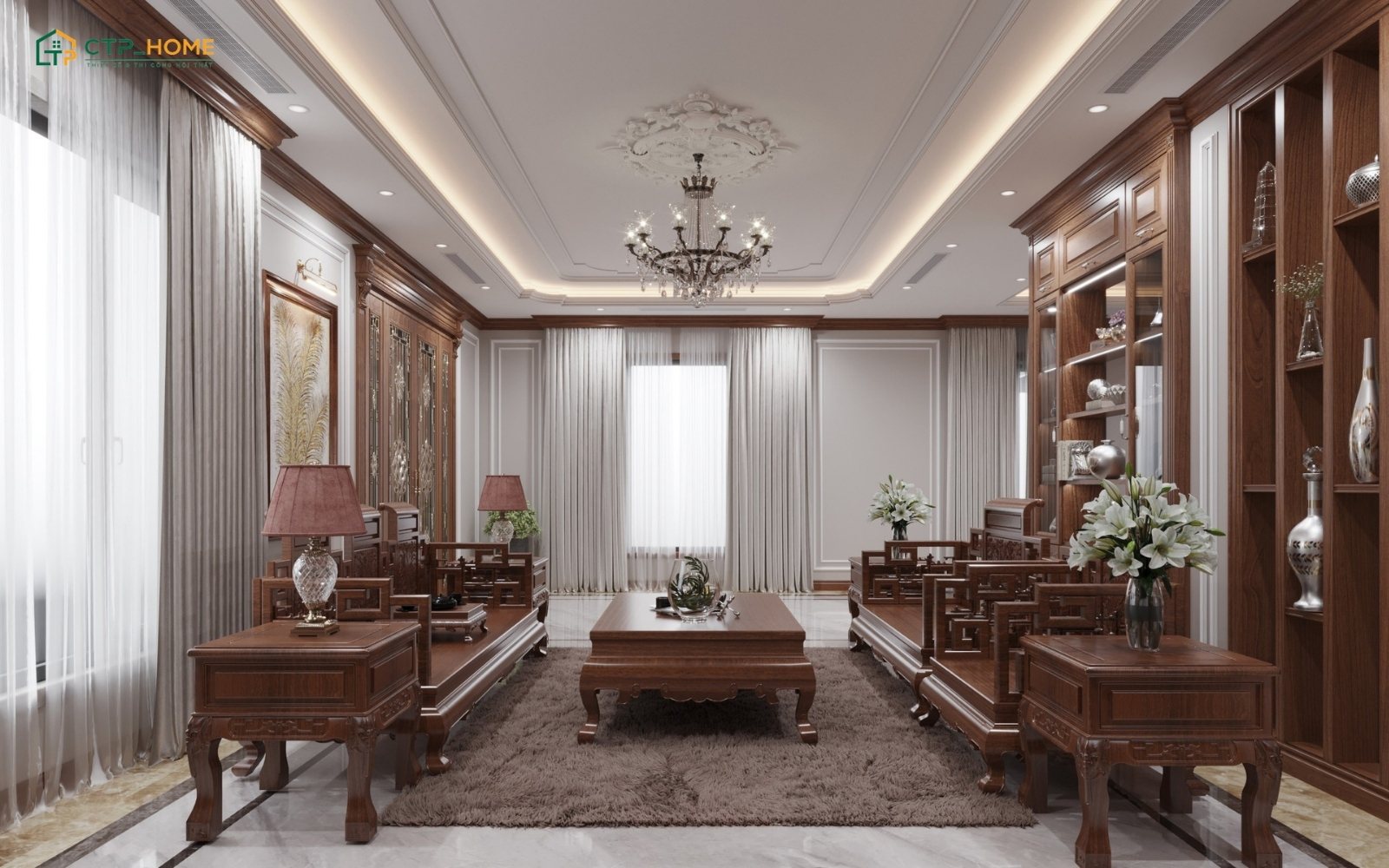 Mẫu phòng khách biệt thự đẹp phong cách truyền thống Việt Nam gây ấn tượng với vẻ đẹp mộc mạc, gần gũi và tinh tế