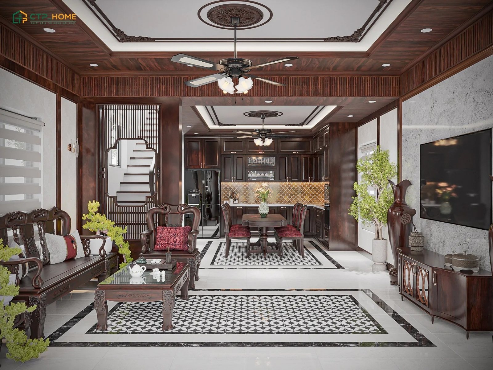 Nội thất gỗ tự nhiên với đường nét uốn lượn là thứ không thể thiếu trong phòng khách truyền thống Việt Nam