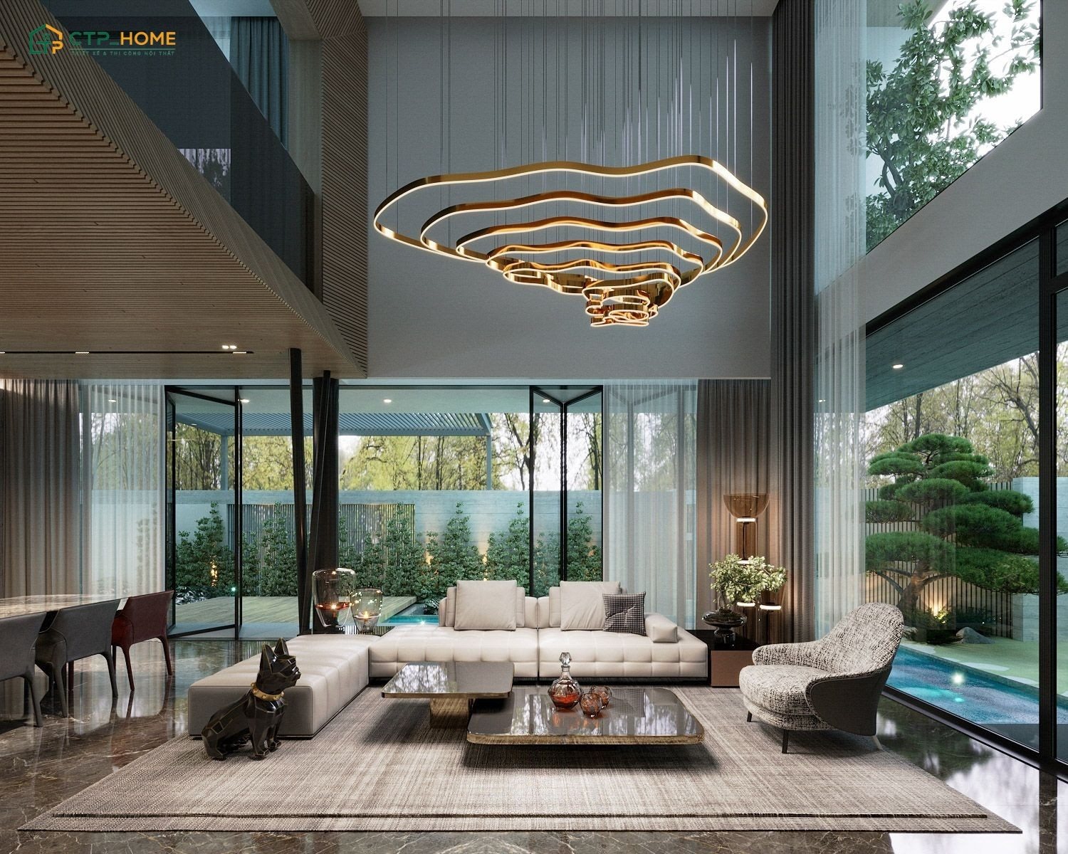 Mẫu thiết kế nội thất phòng khách biệt thự hiện đại với sân vườn bao quanh cùng hệ cửa kính lớn