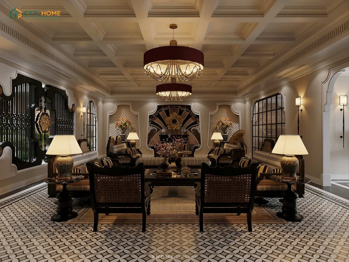 Mẫu dự án thiết kế nội thất phòng khách nhà biệt thự phong cách Đông Dương do CTP Home thiết kế