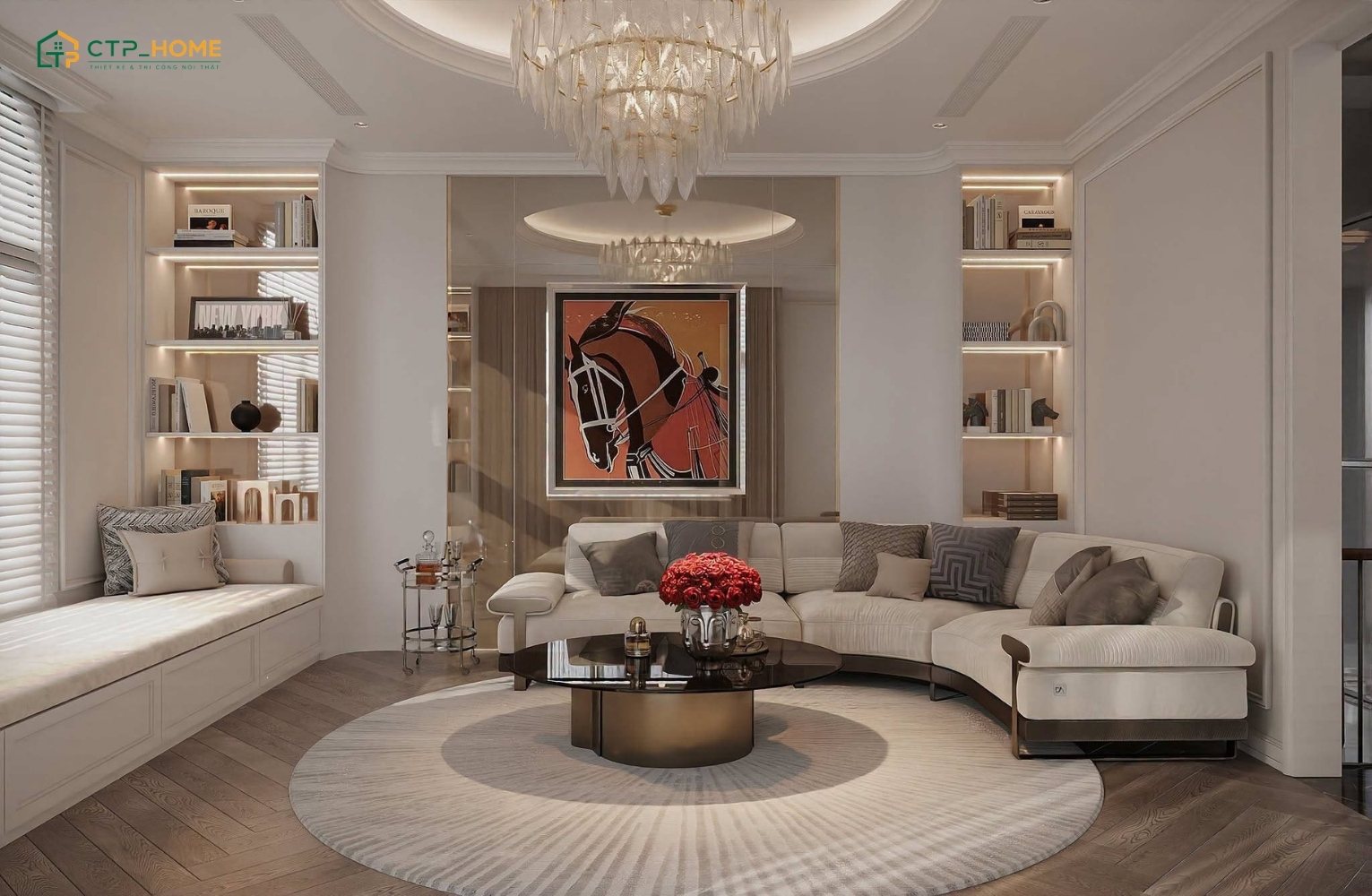 Mẫu thiết kế nội thất phòng khách biệt thự hiện đại với bộ sofa đa năng cùng bàn trà đá cao cấp