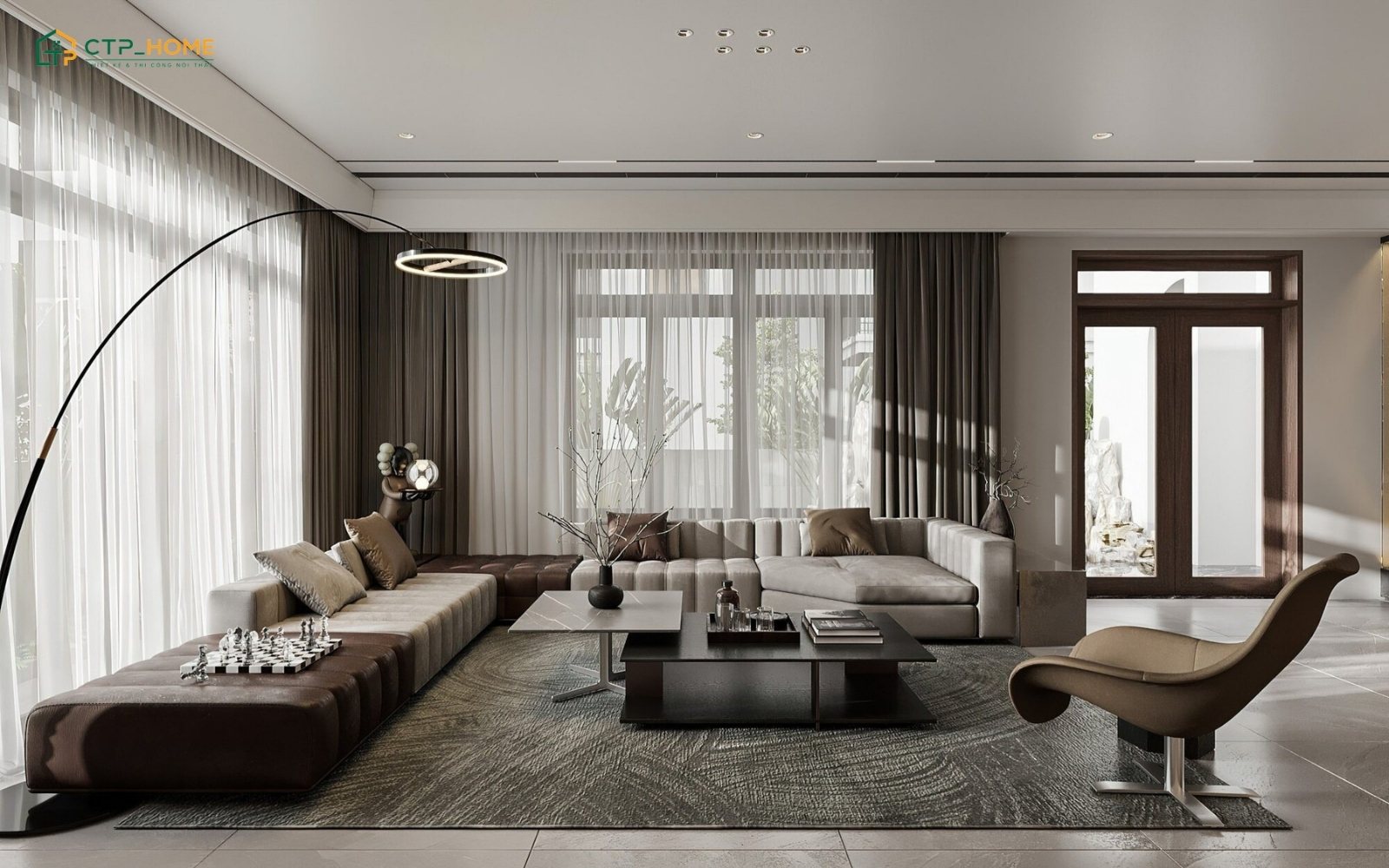 Mẫu thiết kế phòng khách biệt thự đẹp hiện đại với tone màu trung tính sẽ mang đến vẻ đẹp thanh lịch và tinh tế