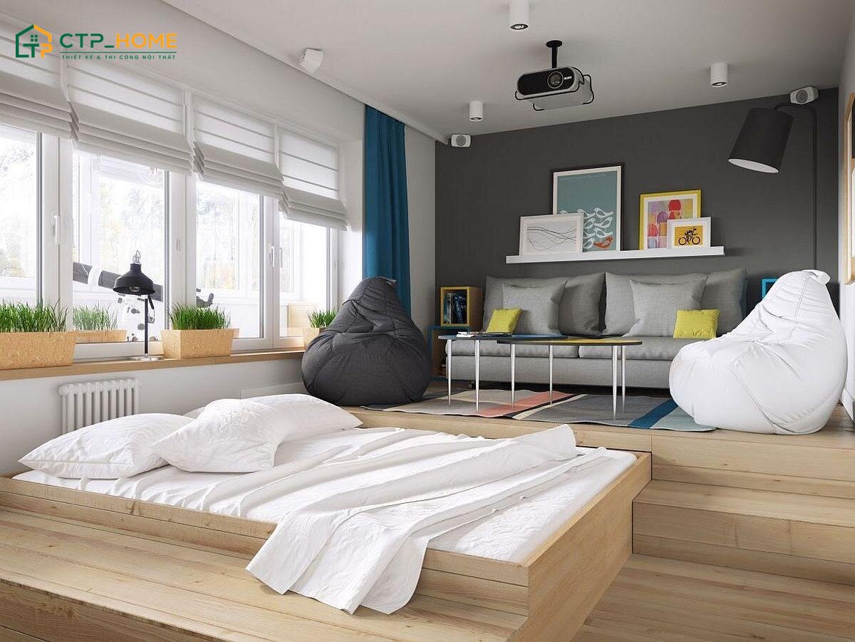 Phân cấp sàn giúp tạo ranh giới giữa phòng khách và phòng ngủ mà không cần vách ngăn