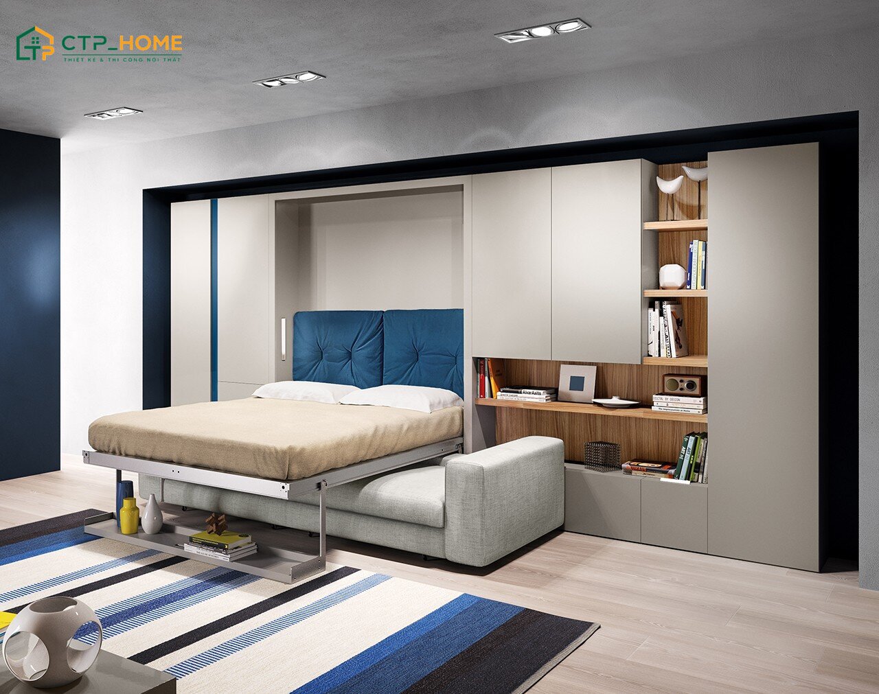 Sử dụng giường ngủ thông minh tích hợp 2 trong 1 sẽ giúp tiết kiệm diện tích hiệu quả