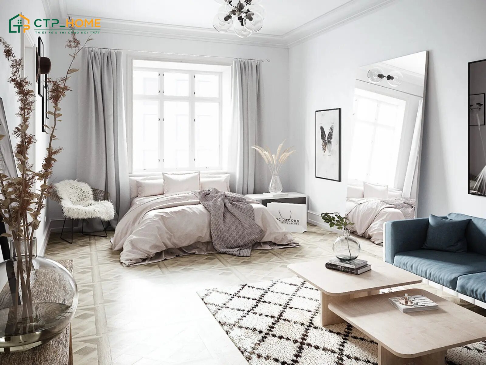 Việc bố trí phòng ngủ kết hợp phòng khách sẽ giúp tận dụng tối đa ánh sáng tự nhiên