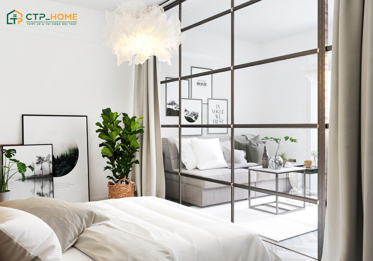 Tạo không gian riêng tư cho không gian phòng khách liền phòng ngủ bằng rèm cửa
