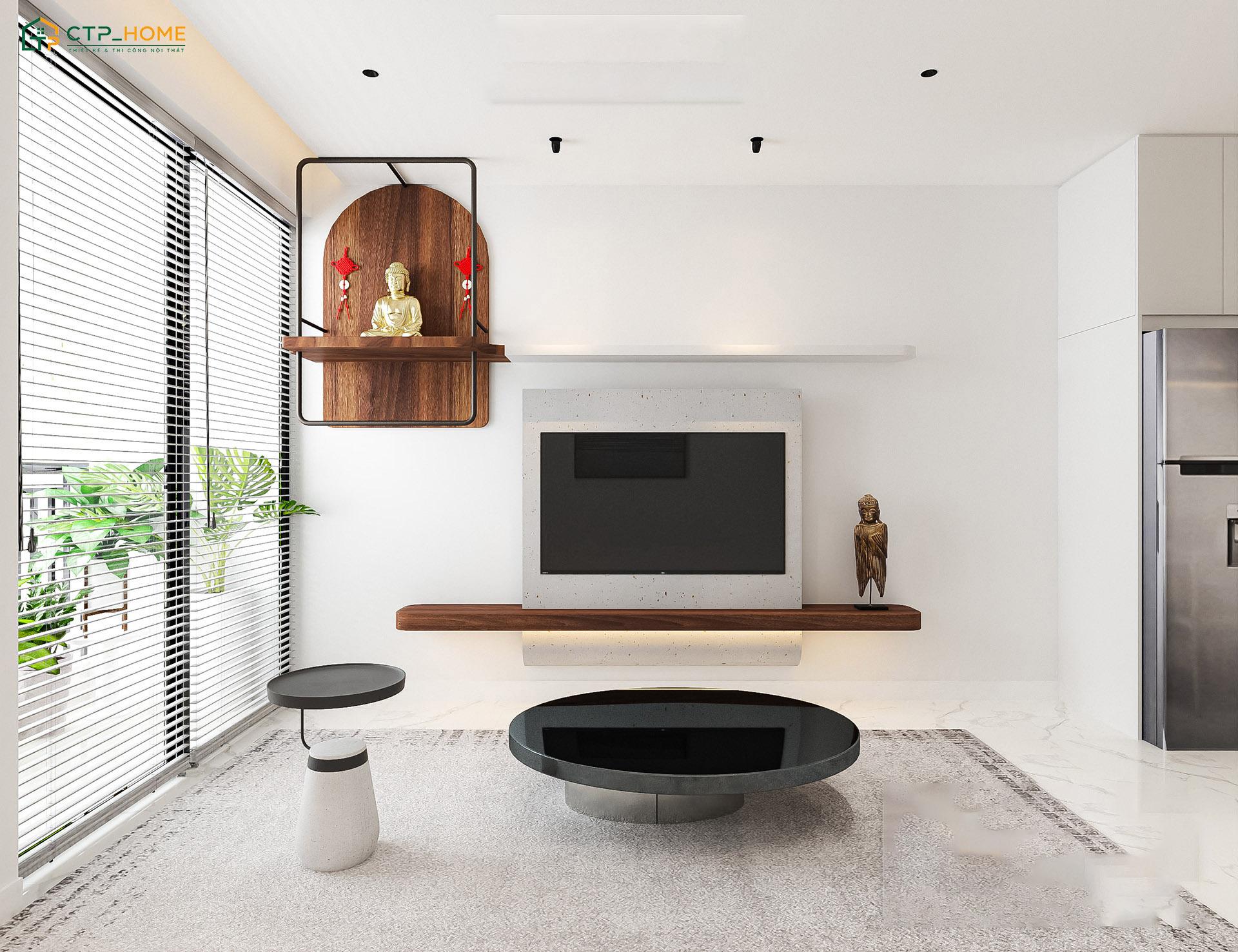 Thiết kế bàn thờ trong phòng khách dạng treo giúp tiết kiệm diện tích nhưng vẫn đảm bảo sự trang nghiêm