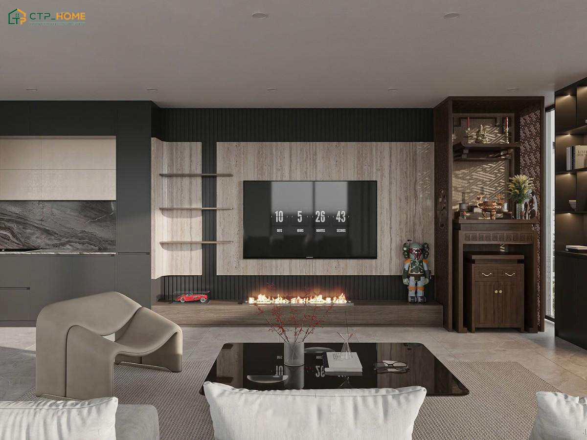 Mẫu phòng khách kết hợp phòng thờ đẹp trong nhà cấp 4 với cách bố trí không gian khoa học