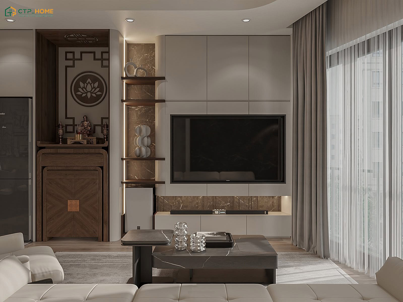 Khi thiết kế phòng thờ chung phòng khách thì cần phải lựa chọn kích thước bàn thờ phù hợp