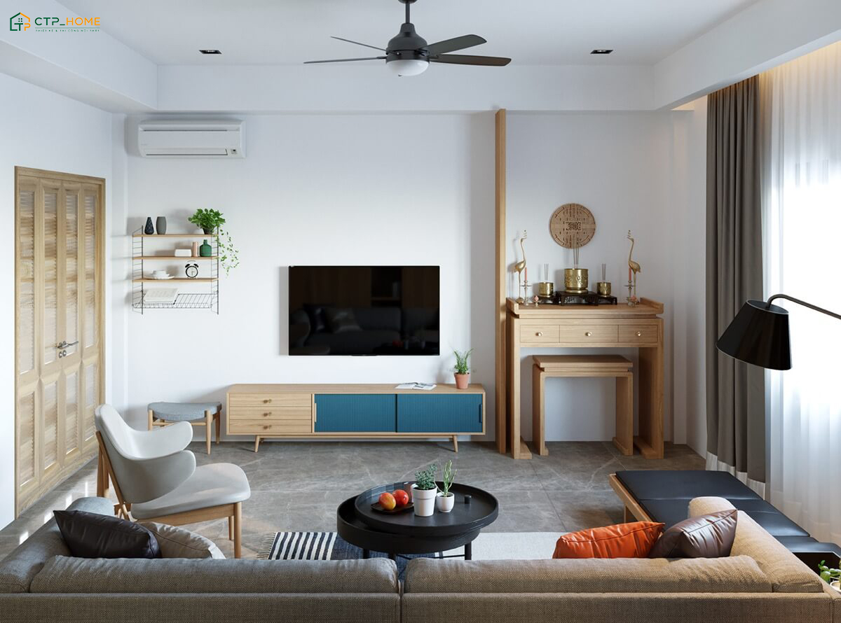 Bố trí phòng thờ kết hợp phòng khách dạng đứng ở vị trí phù hợp giúp đảm bảo tính thẩm mỹ
