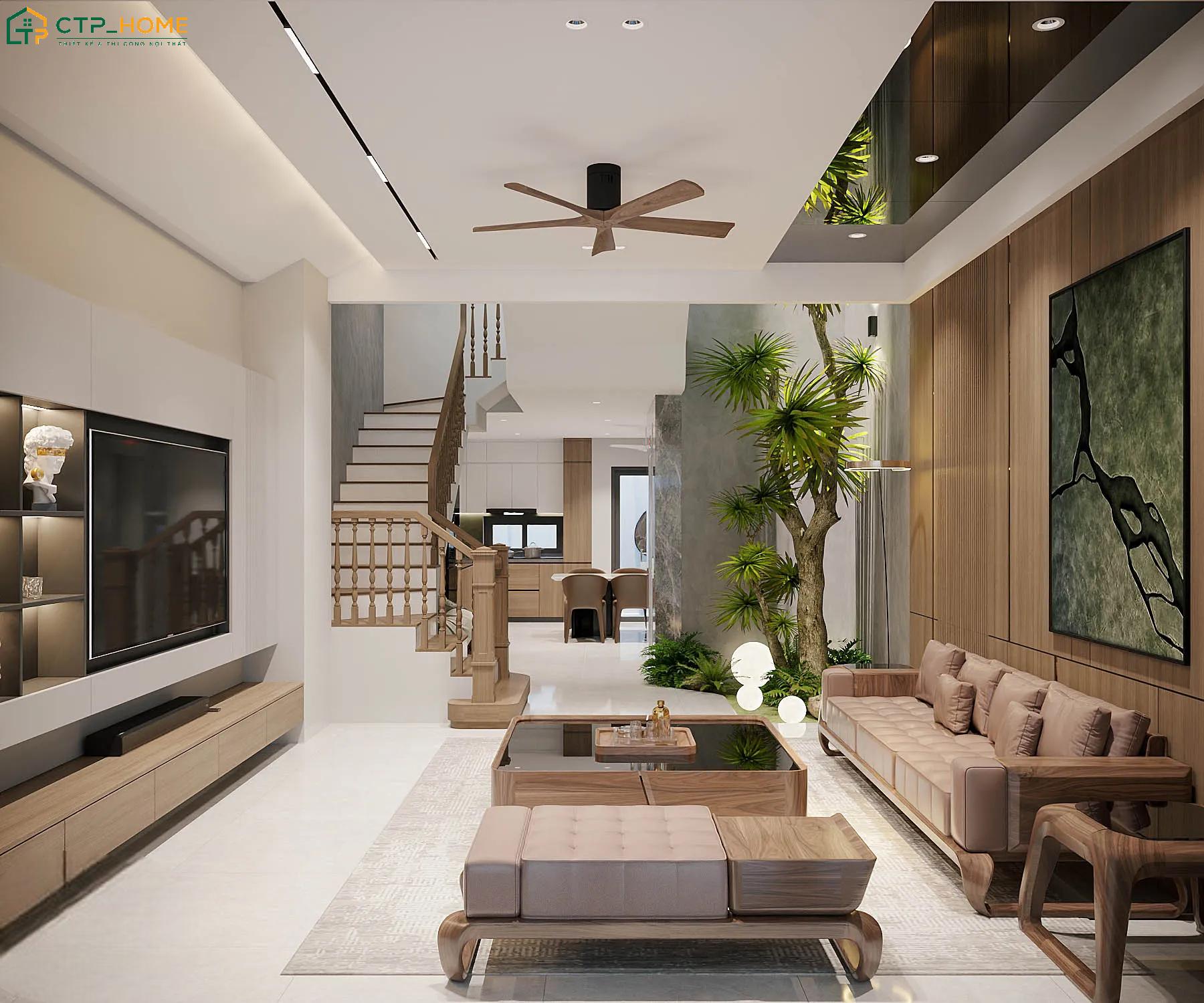 Sự đồng nhất về vật liệu và màu sắc sẽ tạo cảm giác phòng khách thông bếp trở nên hài hòa hơn