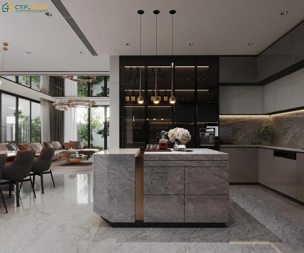 Mẫu thiết kế bếp và phòng khách chung với diện tích rộng rãi giúp gia chủ thoải mái bố trí nội thất theo nhu cầu
