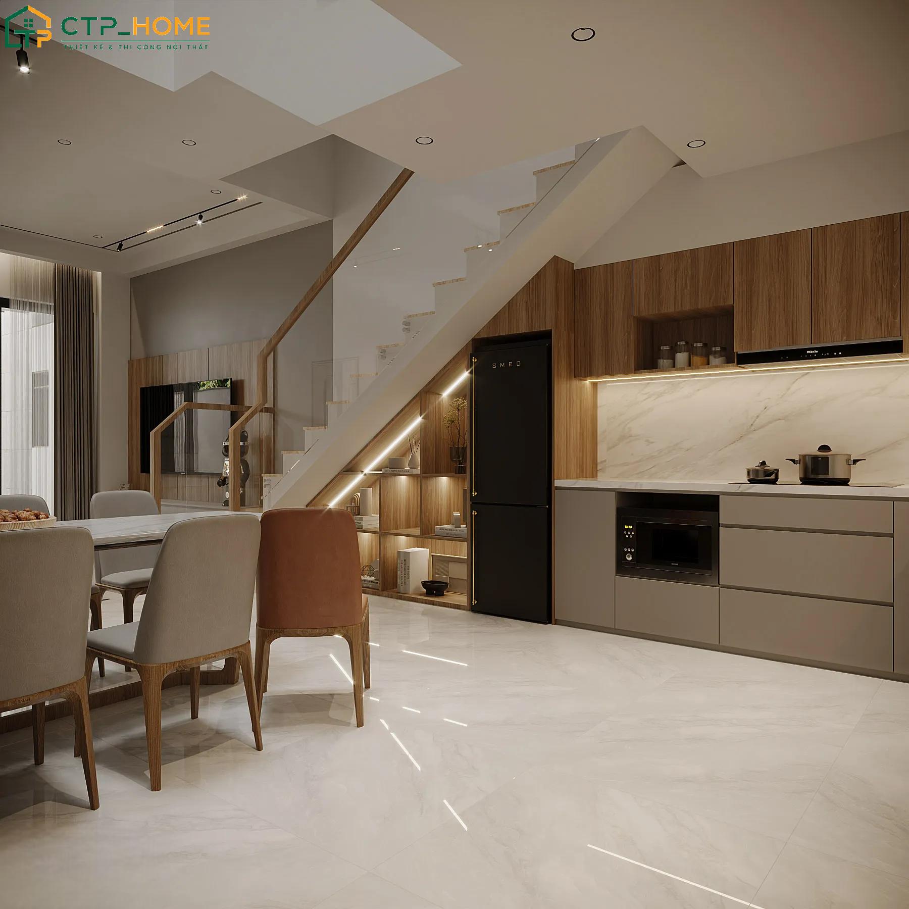 Khu vực phòng khách, bếp và bàn ăn được bố trí liên thông giúp tạo được sự thoải mái trong sinh hoạt