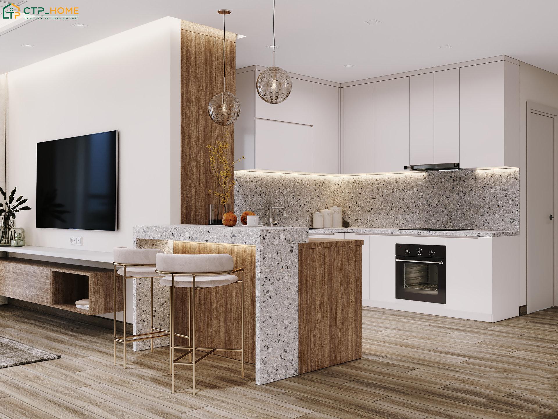 Thiết kế phòng khách liền bếp hiện đại với quầy bar sẽ giúp gia tăng sự tiện nghi trong sinh hoạt hằng ngày