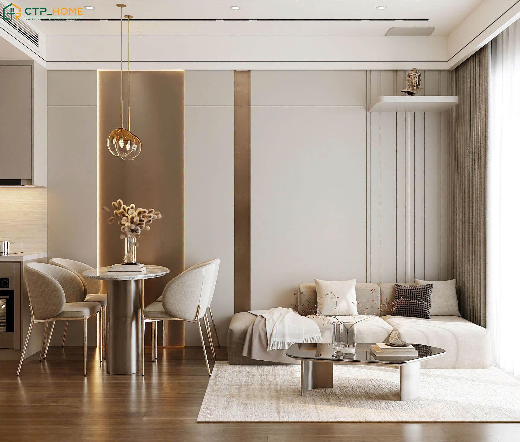 Mẫu phòng khách liền bếp chung cư sử dụng bàn đảo kết hợp bàn ăn giúp tối ưu diện tích sử dụng