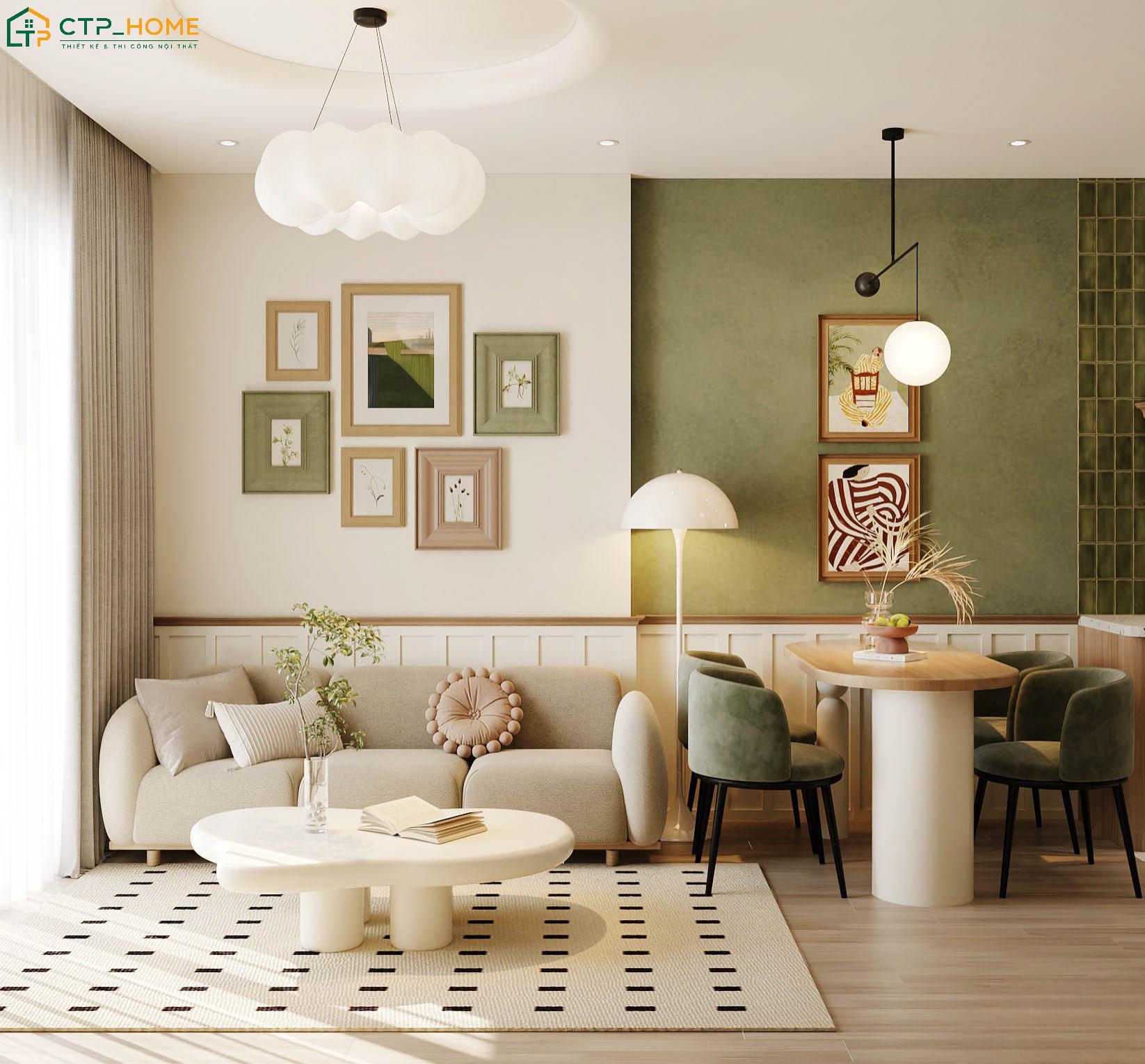 Mẫu thiết kế phòng khách và bếp liên thông với hệ thống đèn chiếu sáng đồng bộ sẽ tạo nên vẻ đẹp hài hòa