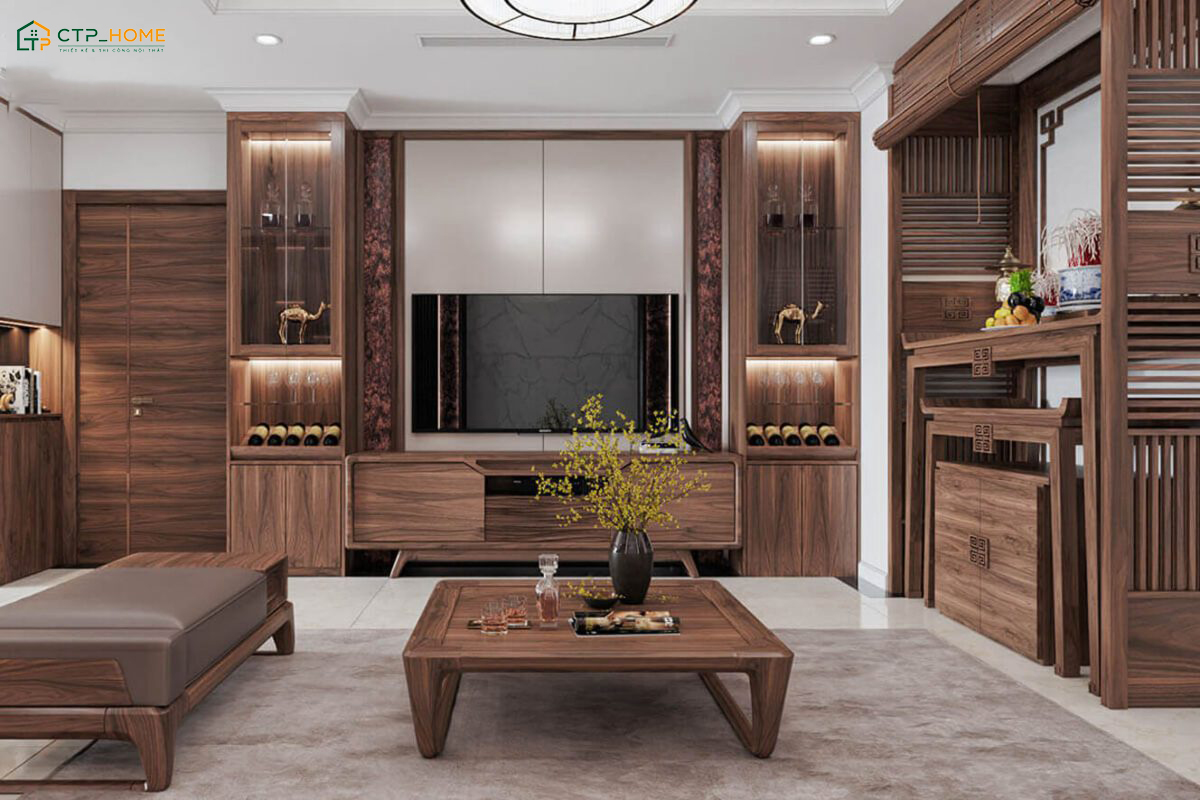 Mẫu phòng khách đơn giản nhà cấp 4 kết hợp bàn thờ với nội thất gỗ giúp tạo cảm giác gần gũi và thân quen