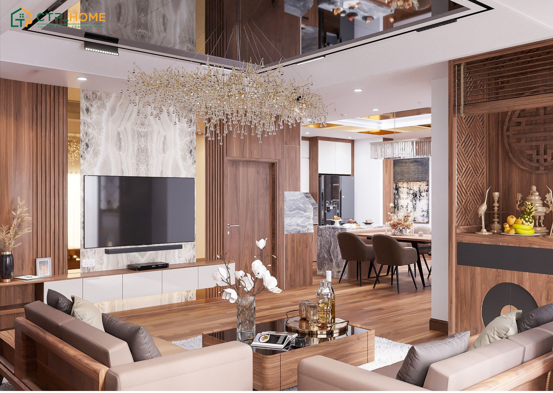 Mẫu trang trí phòng khách đơn giản cho nhà cấp 4 có bàn thờ sử dụng vách ngăn gỗ để đảm bảo sự riêng tư