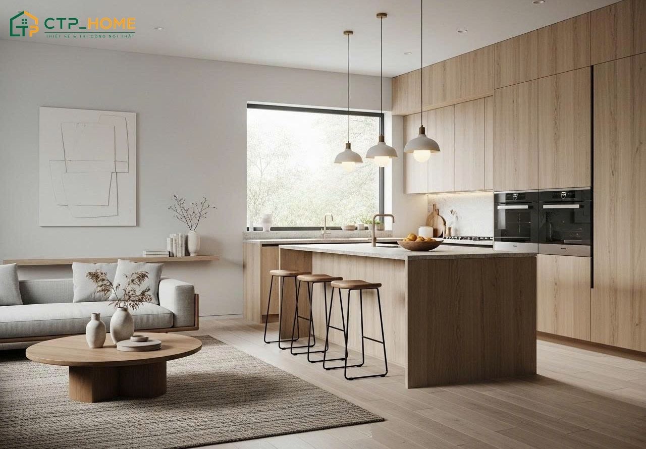Không gian phòng khách và bếp có thể được ngăn cách bằng bàn đảo bếp hoặc bàn ăn nhỏ