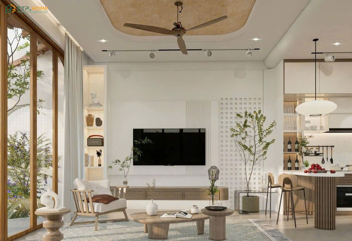 Nội thất phòng bếp và phòng khách nhà cấp 4 cần có sự đồng bộ về chất liệu và màu sắc để đảm bảo sự hài hòa