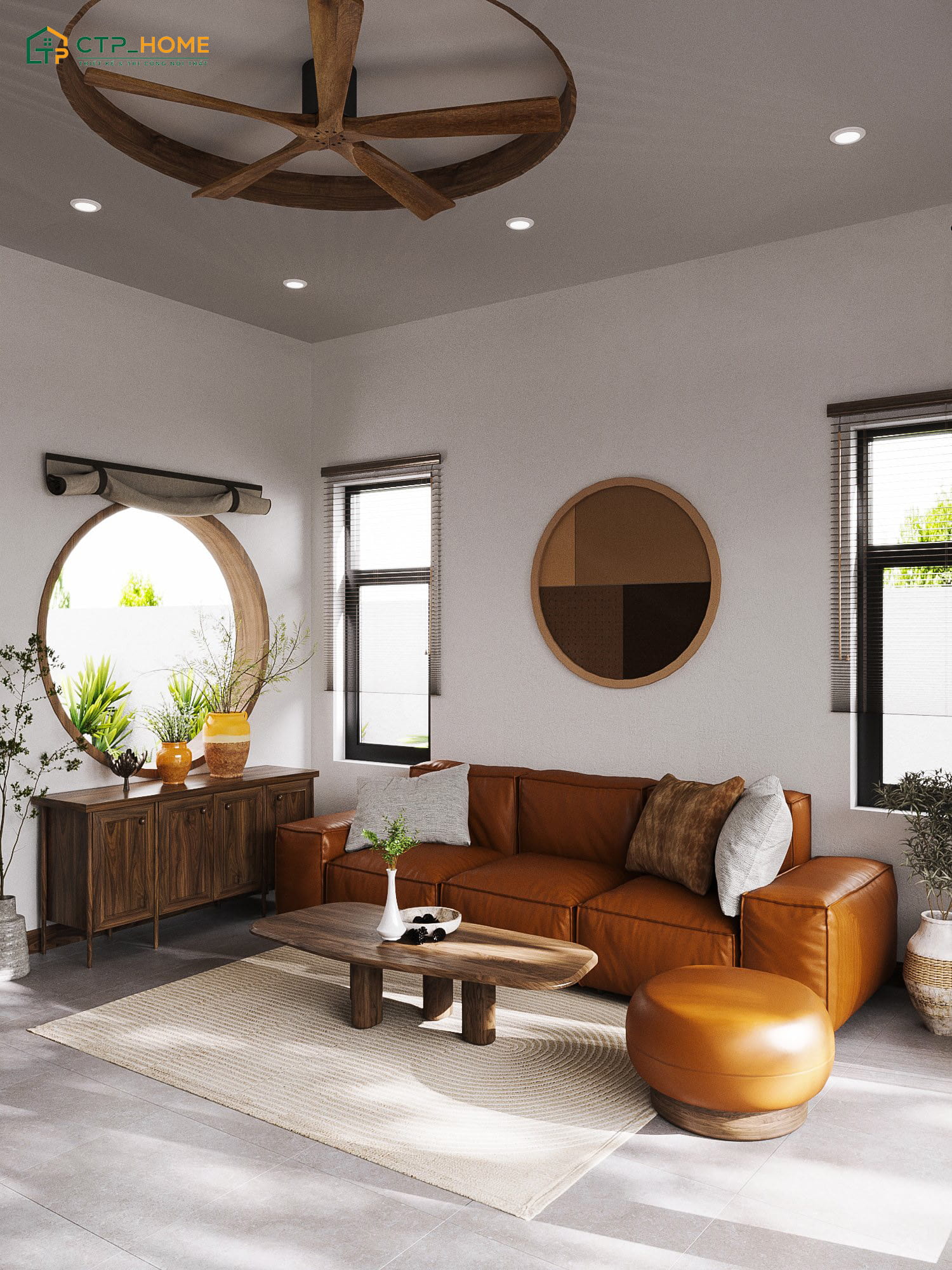 Mẫu trang trí phòng khách nhỏ nhà cấp 4 tone màu trung tính sẽ sử dụng tranh treo tường để làm điểm nhấn
