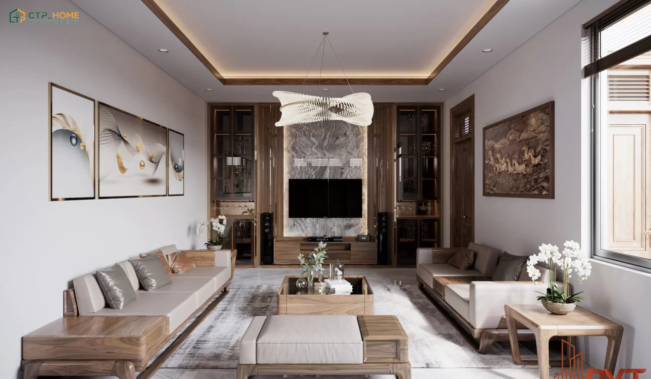 Mẫu phòng khách đẹp cho nhà cấp 4 hiện đại sẽ sử dụng sofa chữ L hoặc chữ I để giúp tiết kiệm diện tích