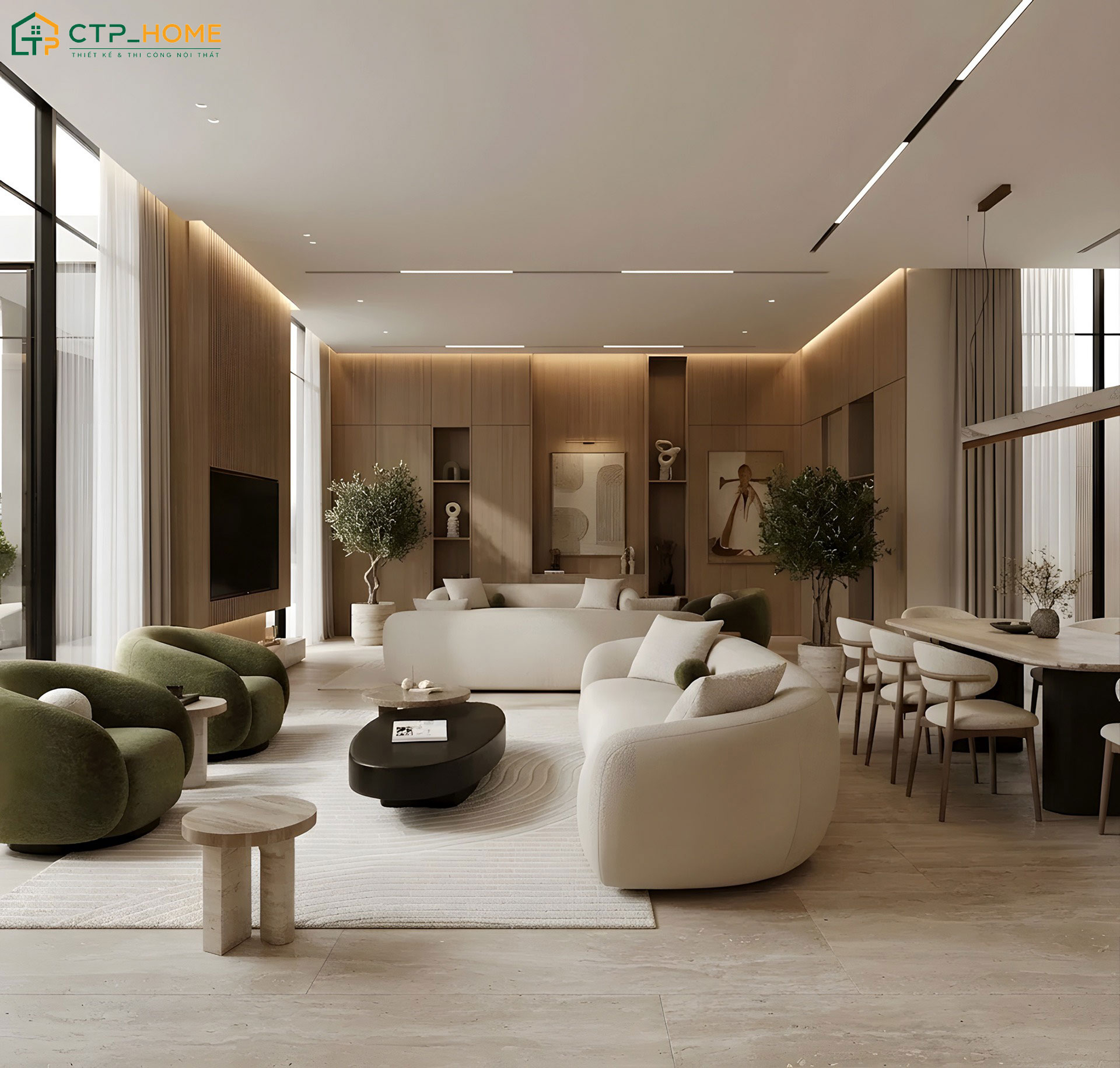 Bố trí phòng khách 10m2 cho nhà ống phong cách Japandi đảm bảo đầy đủ tiện nghi