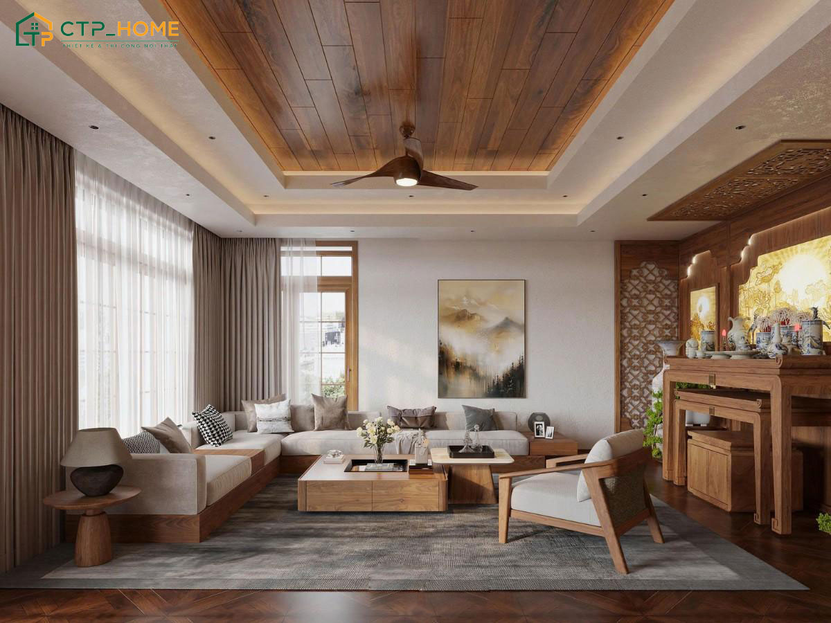 Mẫu thiết kế phòng khách nhà phố có bàn thờ tinh tế và đảm bảo yếu tố phong thủy