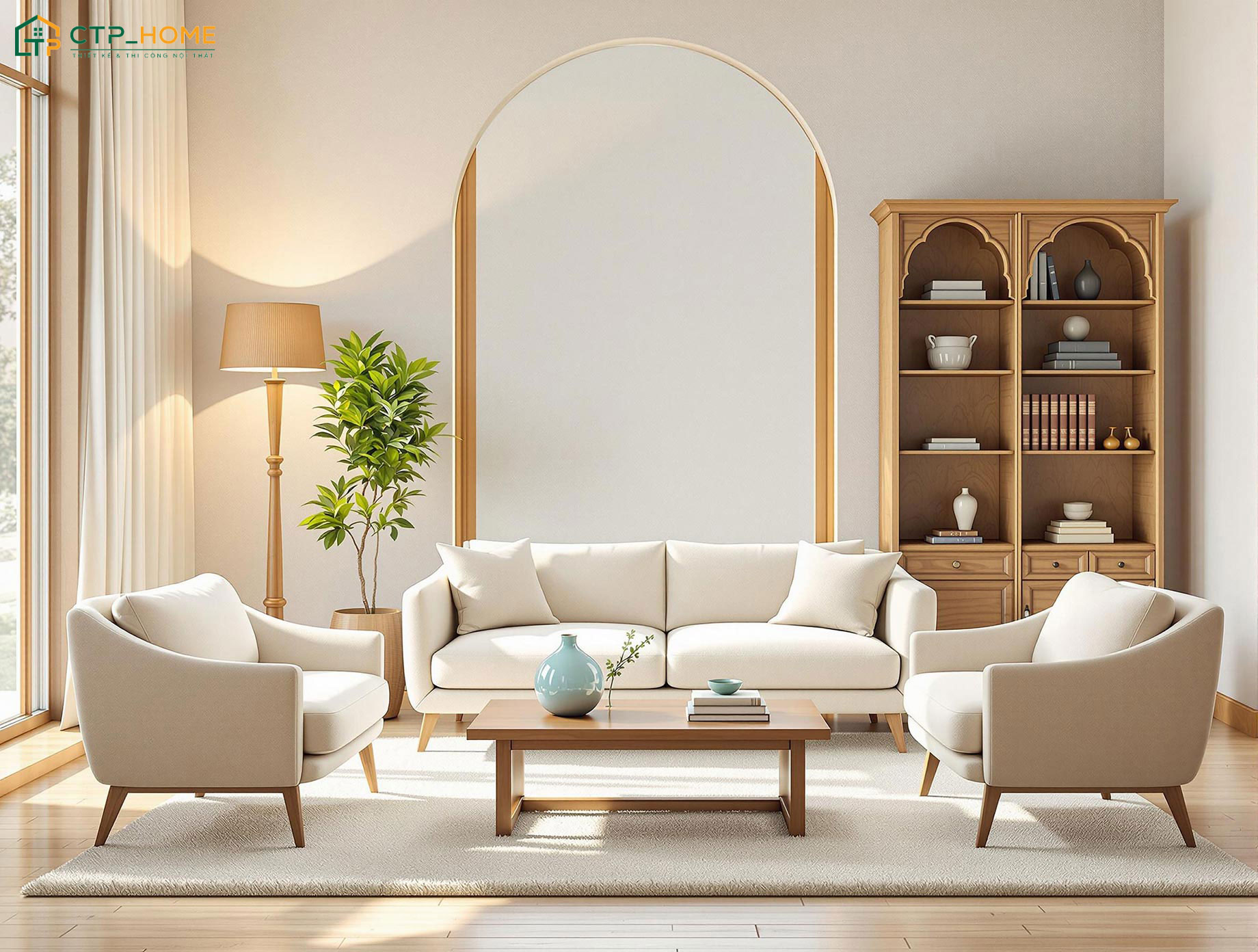 Mẫu nội thất phòng khách nhà ống đẹp đơn giản sẽ được bố trí thêm cây xanh để tạo điểm nhấn
