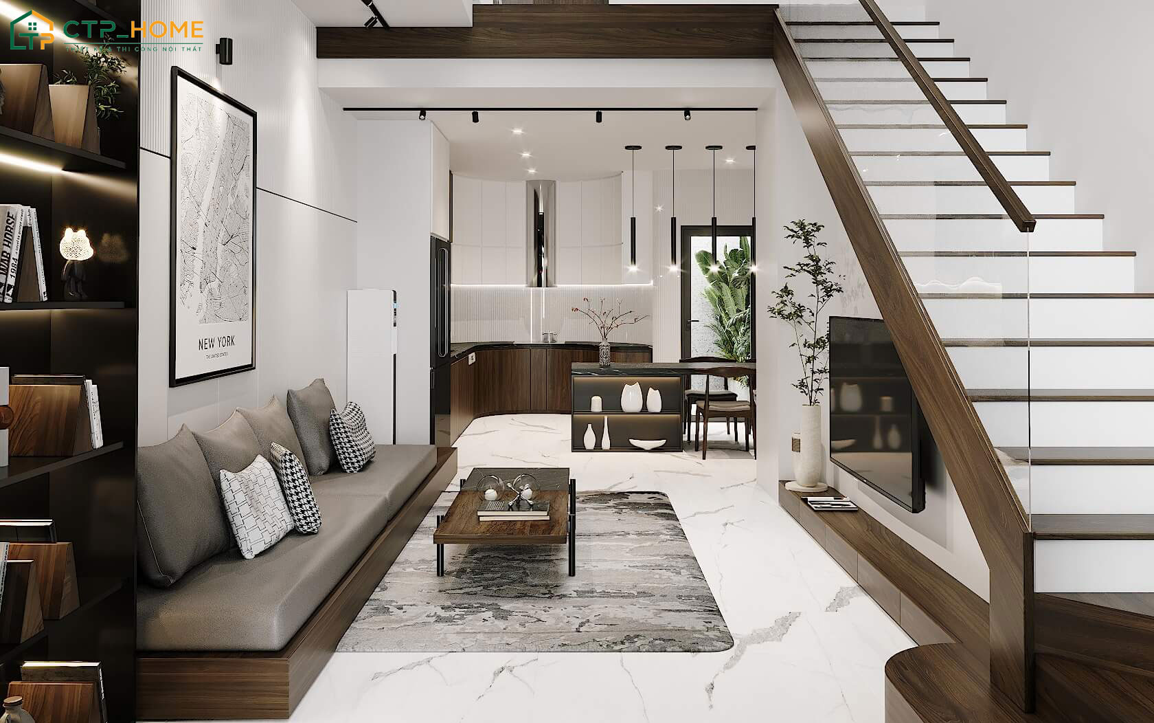 Mẫu thiết kế phòng khách cho nhà ống với vật liệu chính là gỗ công nghiệp theo sở thích của gia chủ