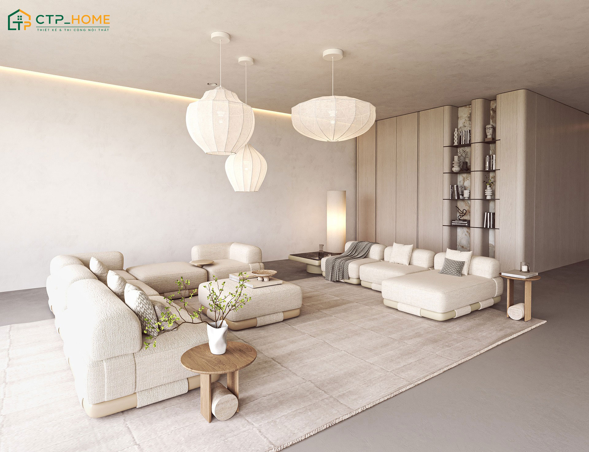 Mẫu phòng khách nhà ống Japandi với cách thiết kế tối giản, mộc mạc nhưng không hề bị đơn điệu