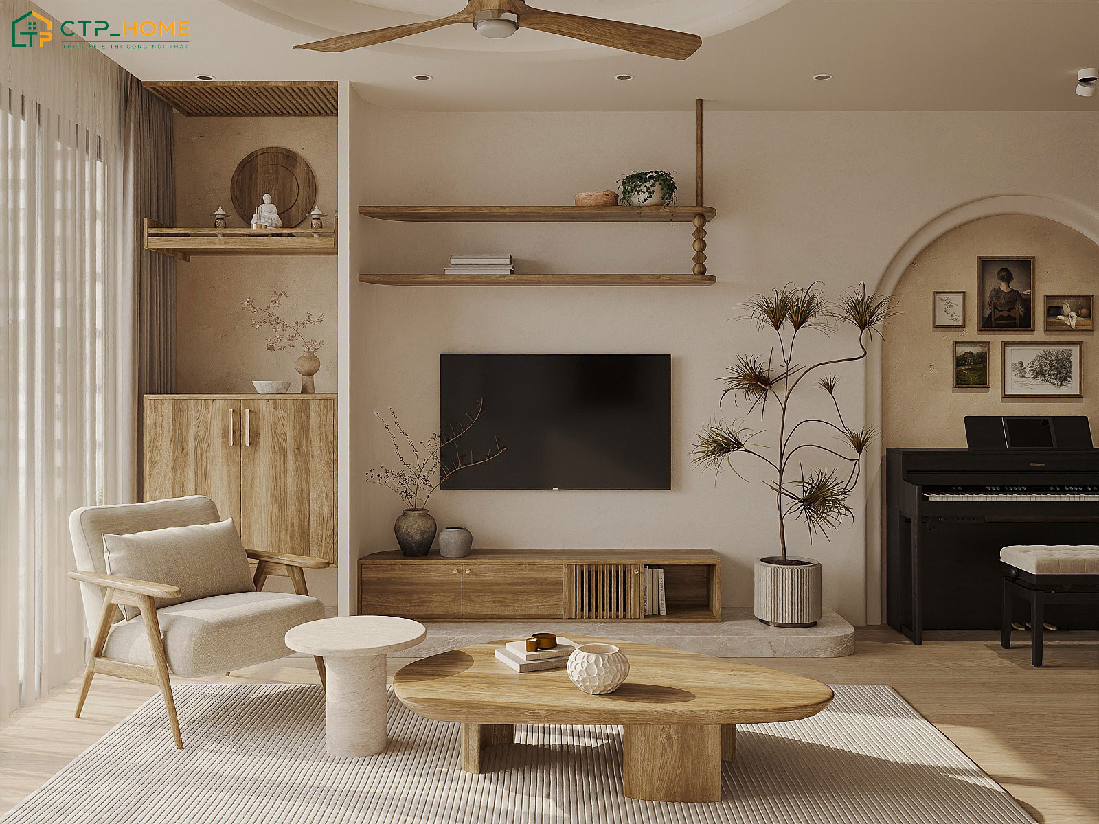 Phòng khách Japandi tối giản sẽ sử dụng tông màu trung tính làm chủ đạo và tạo điểm nhấn bằng cây xanh