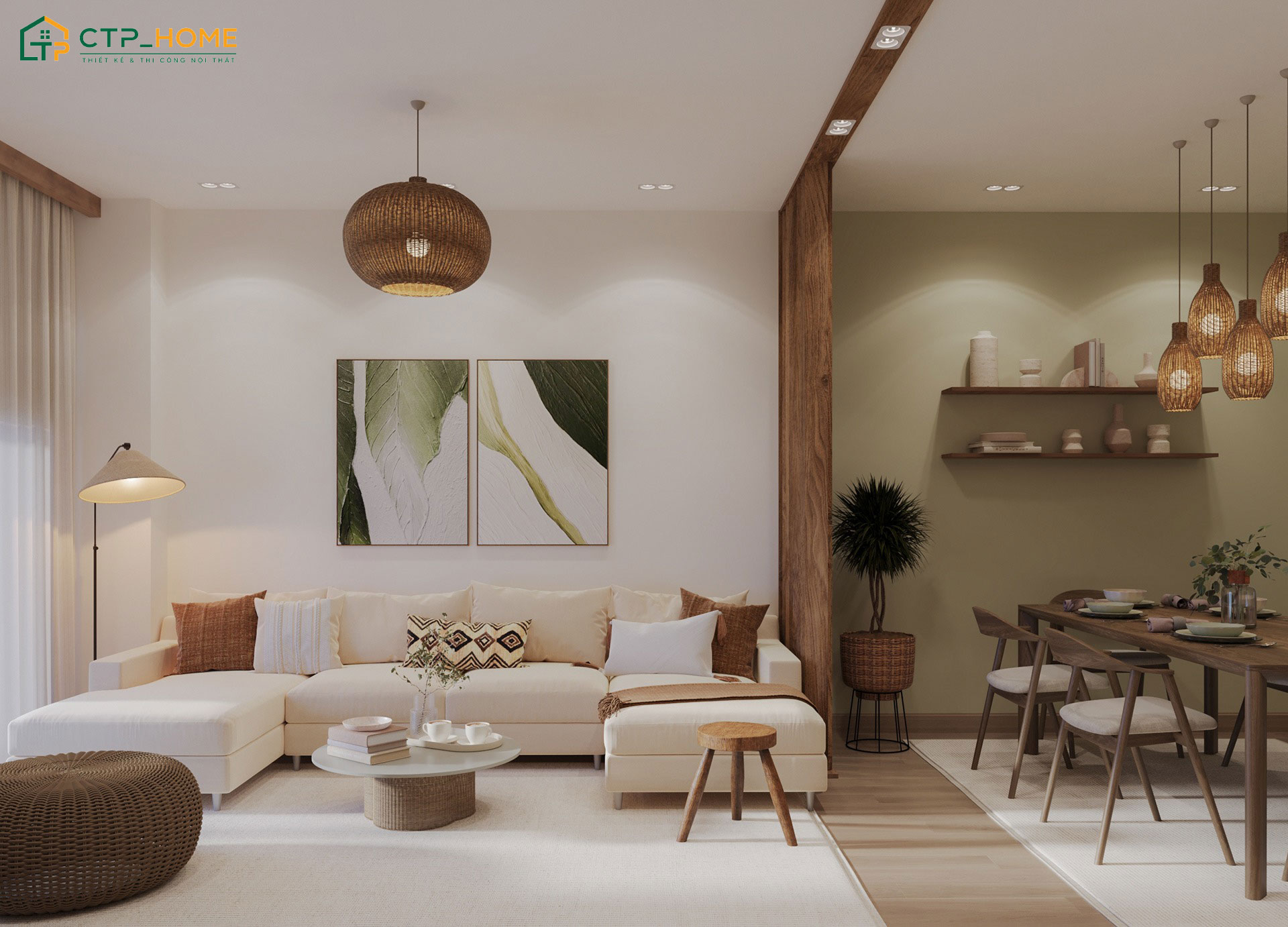 Mẫu trang trí nội thất phòng khách nhà ống phong cách Bắc Âu sáng sủa với các tone màu sáng dễ dùng