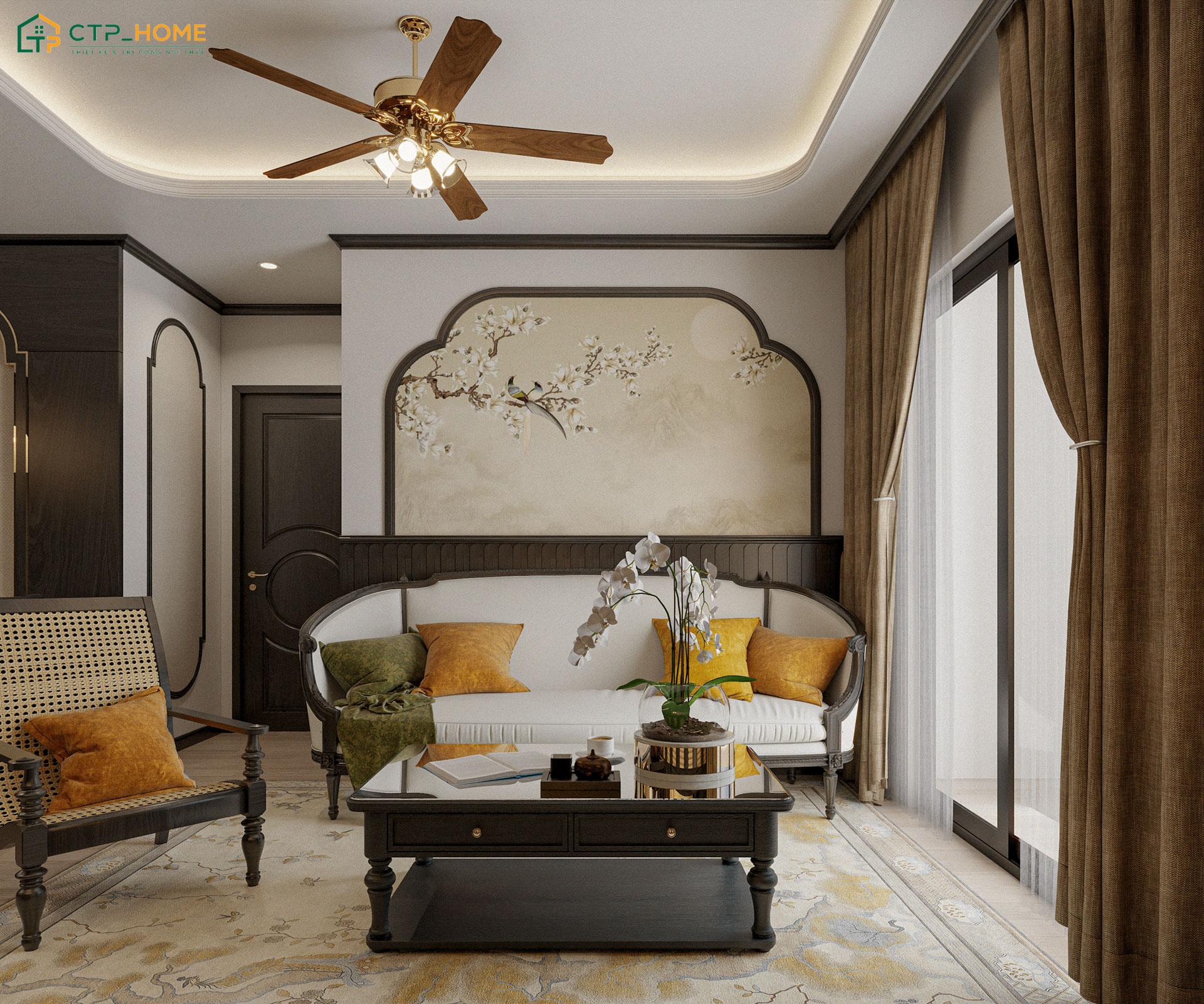 Decor phòng khách nhà ống phong cách Indochine sẽ tạo điểm nhấn với hoa văn Đông Dương ấn tượng