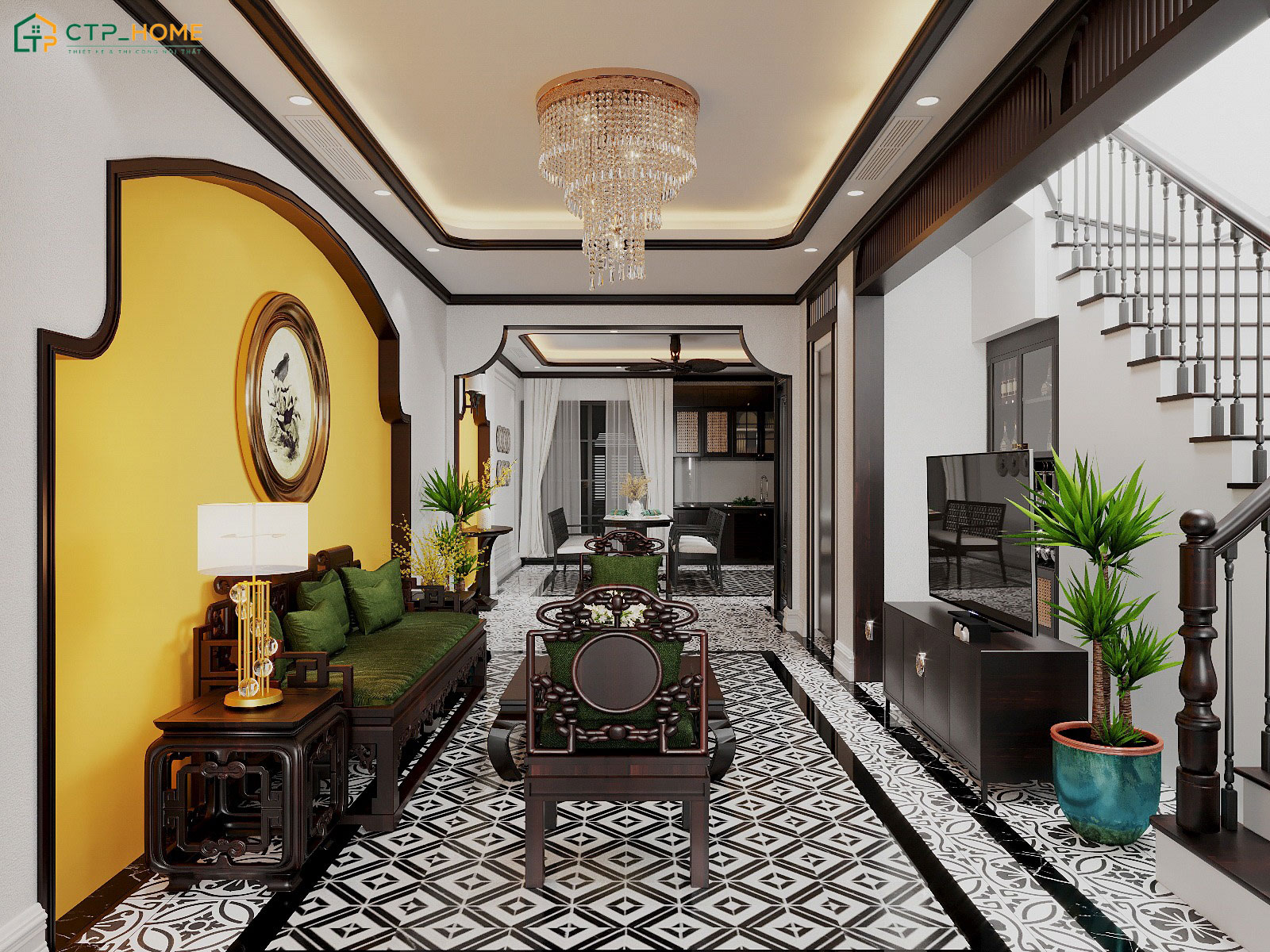 Mẫu phòng khách Indochine sẽ sử dụng các vật liệu đặc trưng như gỗ đen hay họa tiết kỷ hà