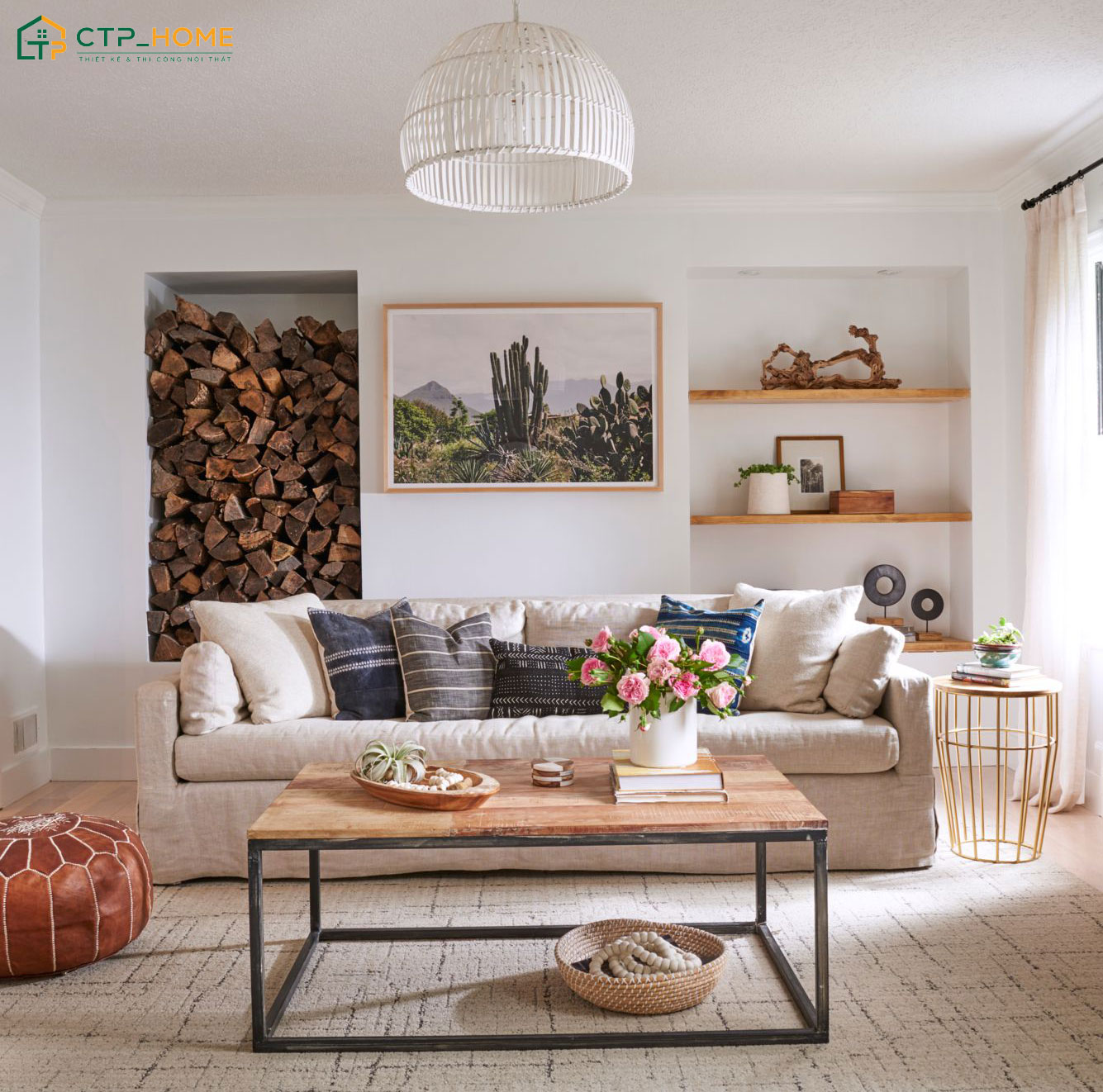 Mẫu phòng khách Rustic mộc mạc và gần gũi với thiên nhiên nhờ việc sử dụng các chất liệu thô mộc