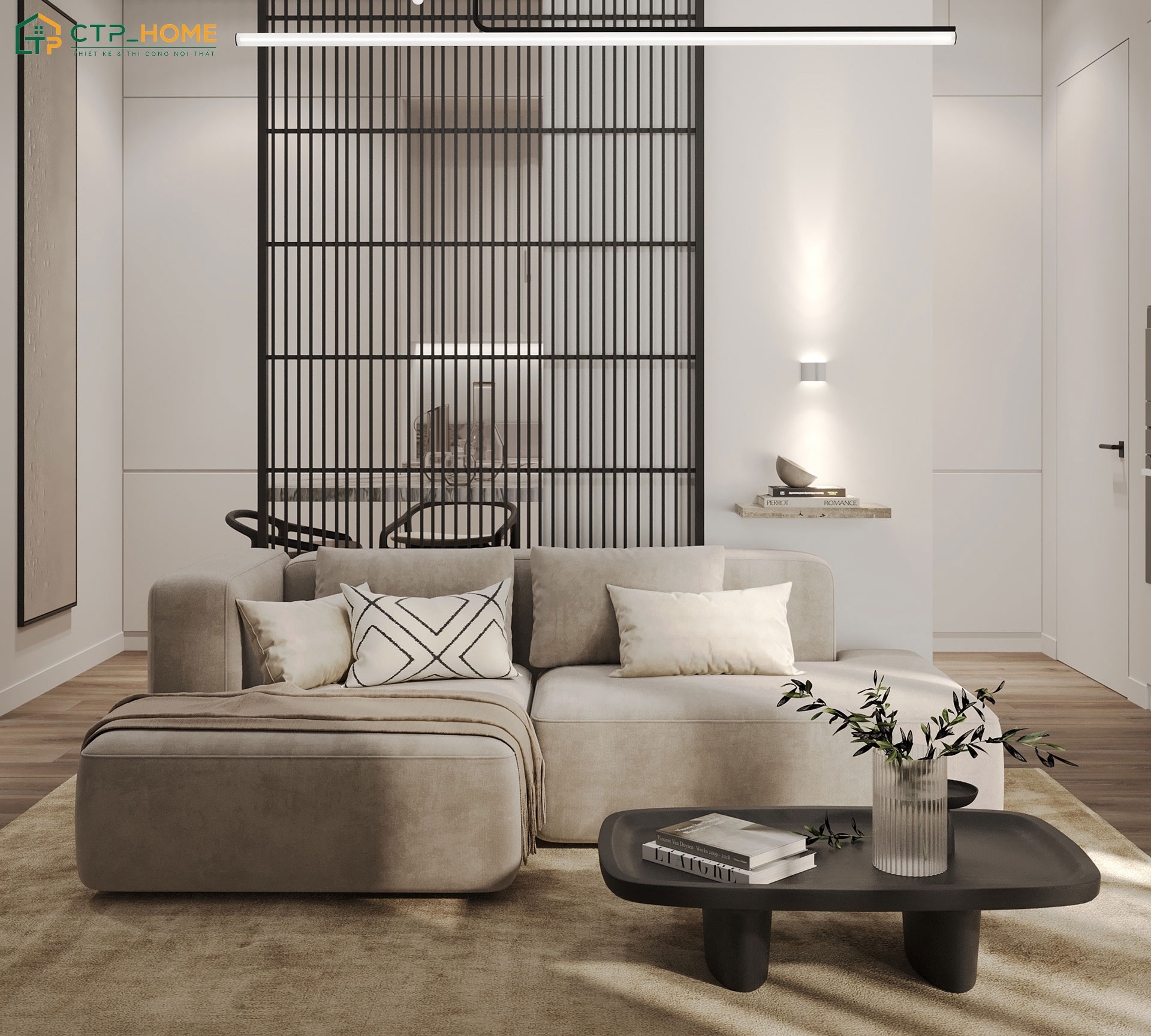 Mẫu phòng khách 5m2 cho nhà ống theo phong cách Wabi Sabi với bộ sofa chữ L nhỏ đủ dùng